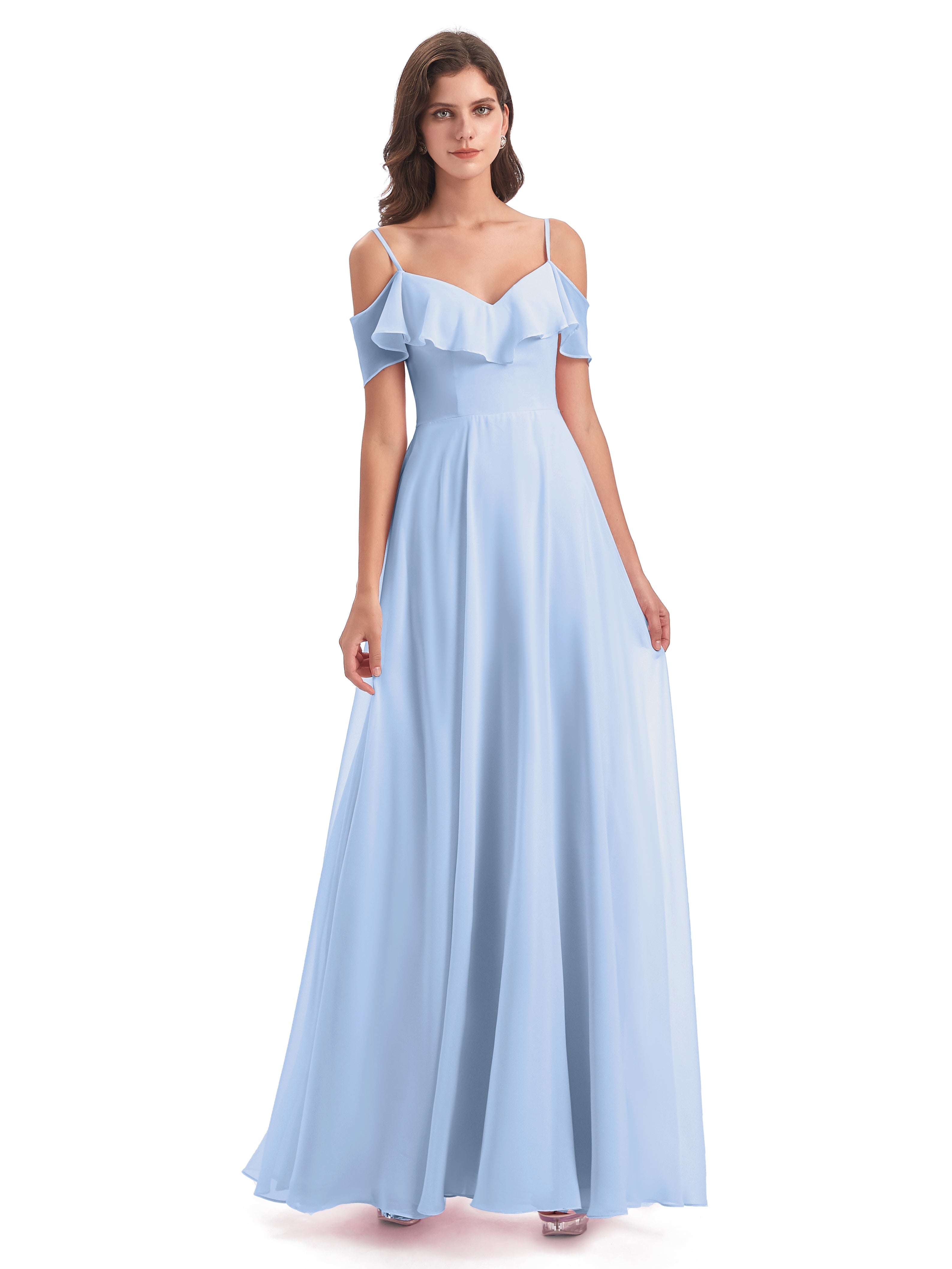 Robes De Demoiselle D'Honneur Bleu Ciel Trapèze Bretelles Spaghetti Longue Robes Demoiselle D'Honneur