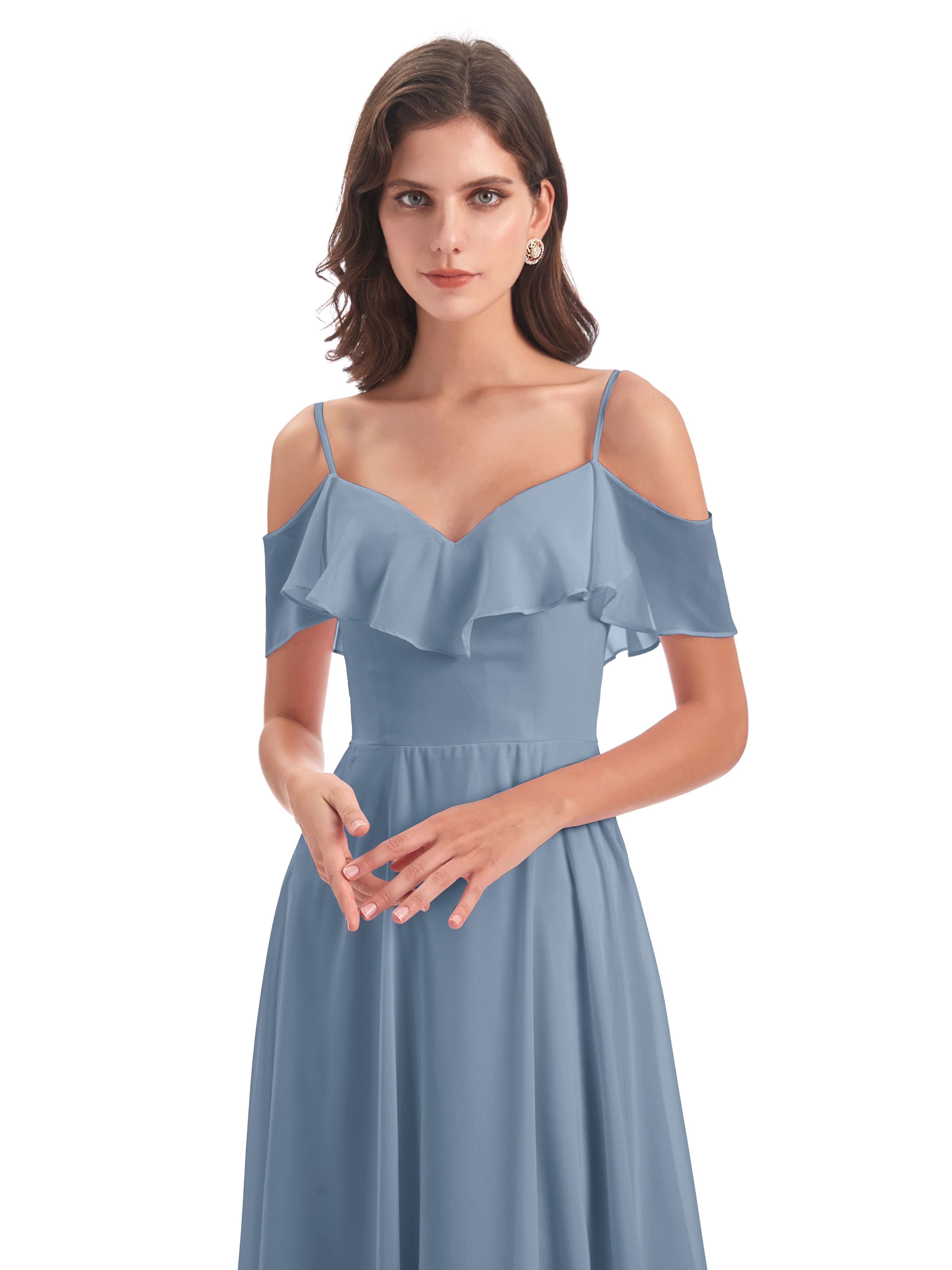 Robes De Demoiselle D'Honneur Bleu De Schiste Trapèze Bretelles Spaghetti Longue Robes Demoiselle D'Honneur