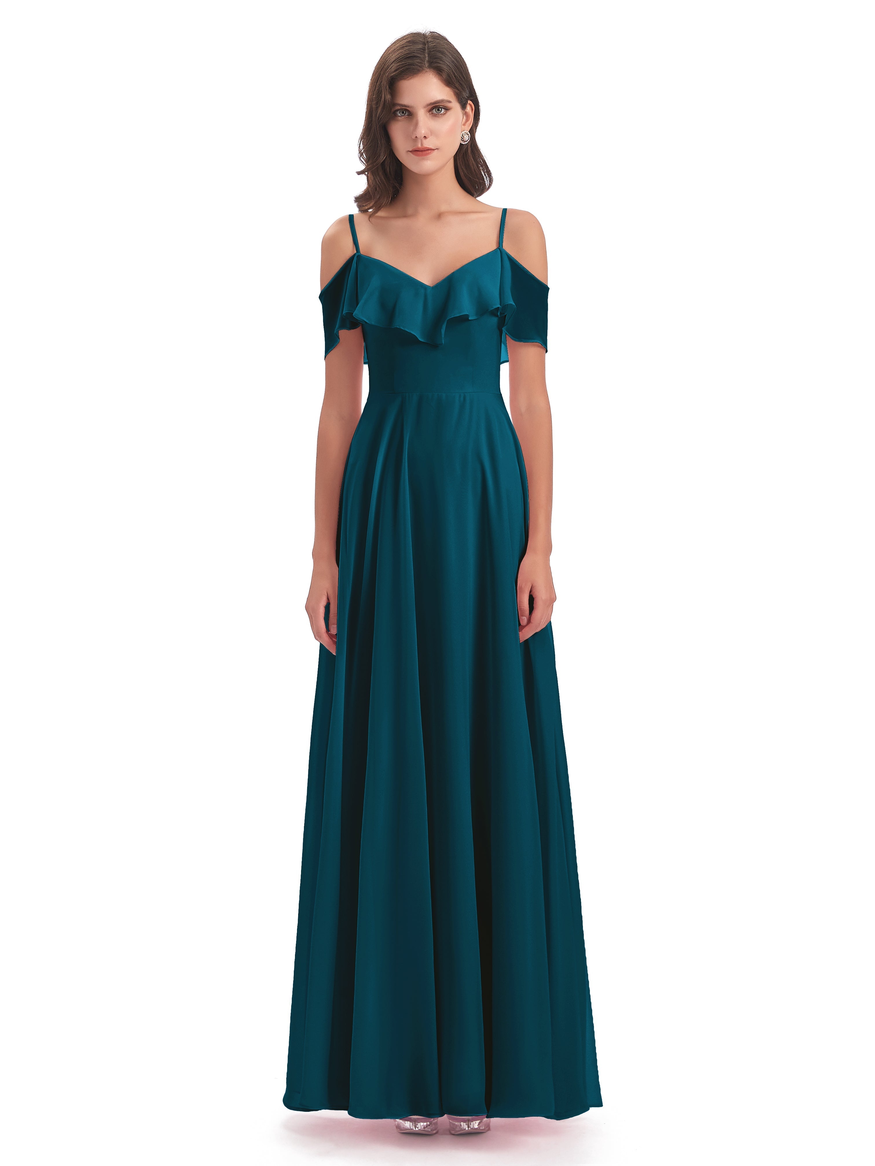 Robe De Demoiselle D'Honneur Bleu Encre Trapèze Bretelles Spaghetti Longue Robes Demoiselle D'Honneur