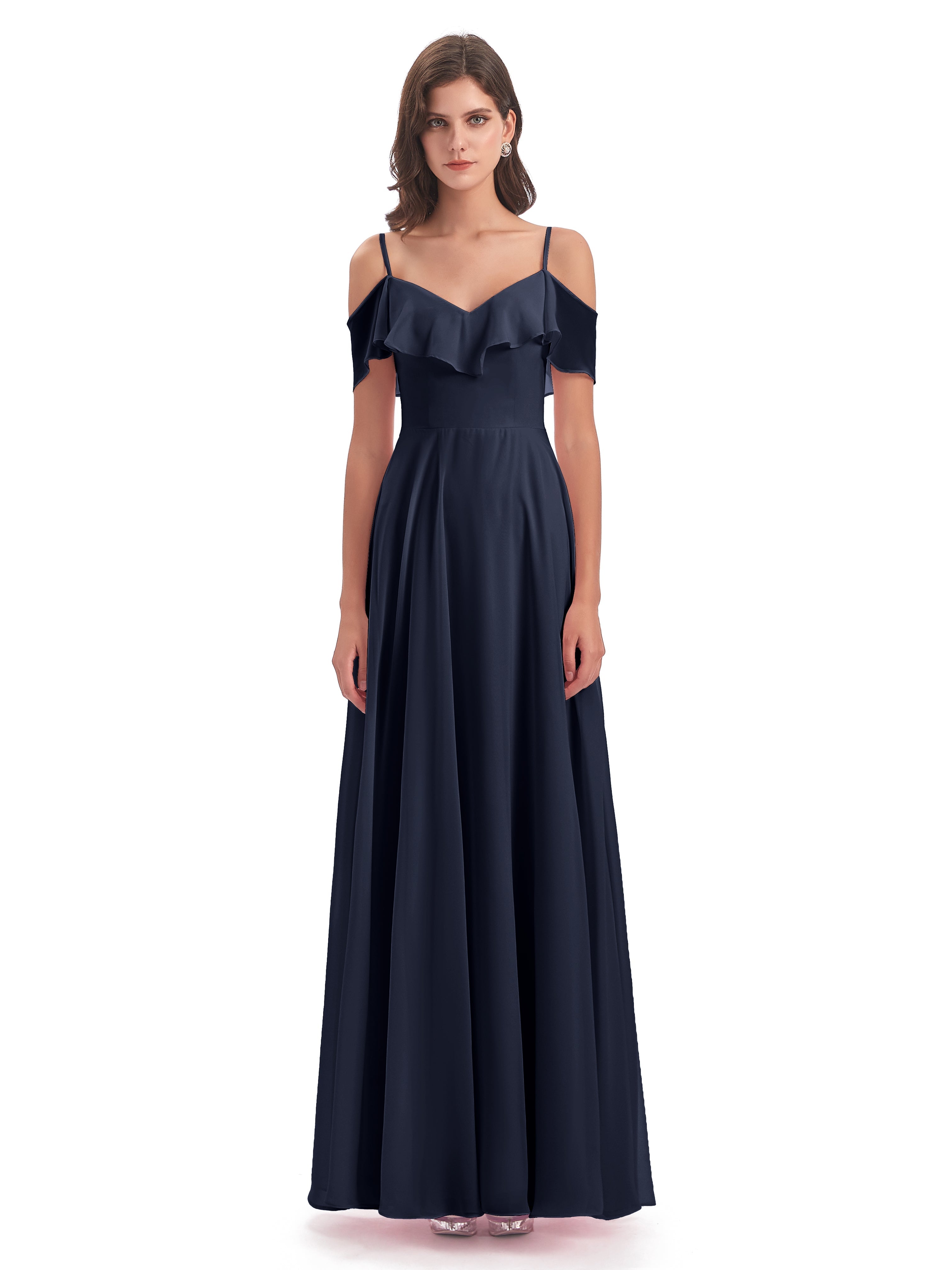 Robes De Demoiselle D'Honneur Bleu Marine Modestes Trapèze Bretelles Spaghetti Longue Robes Demoiselle D'Honneur