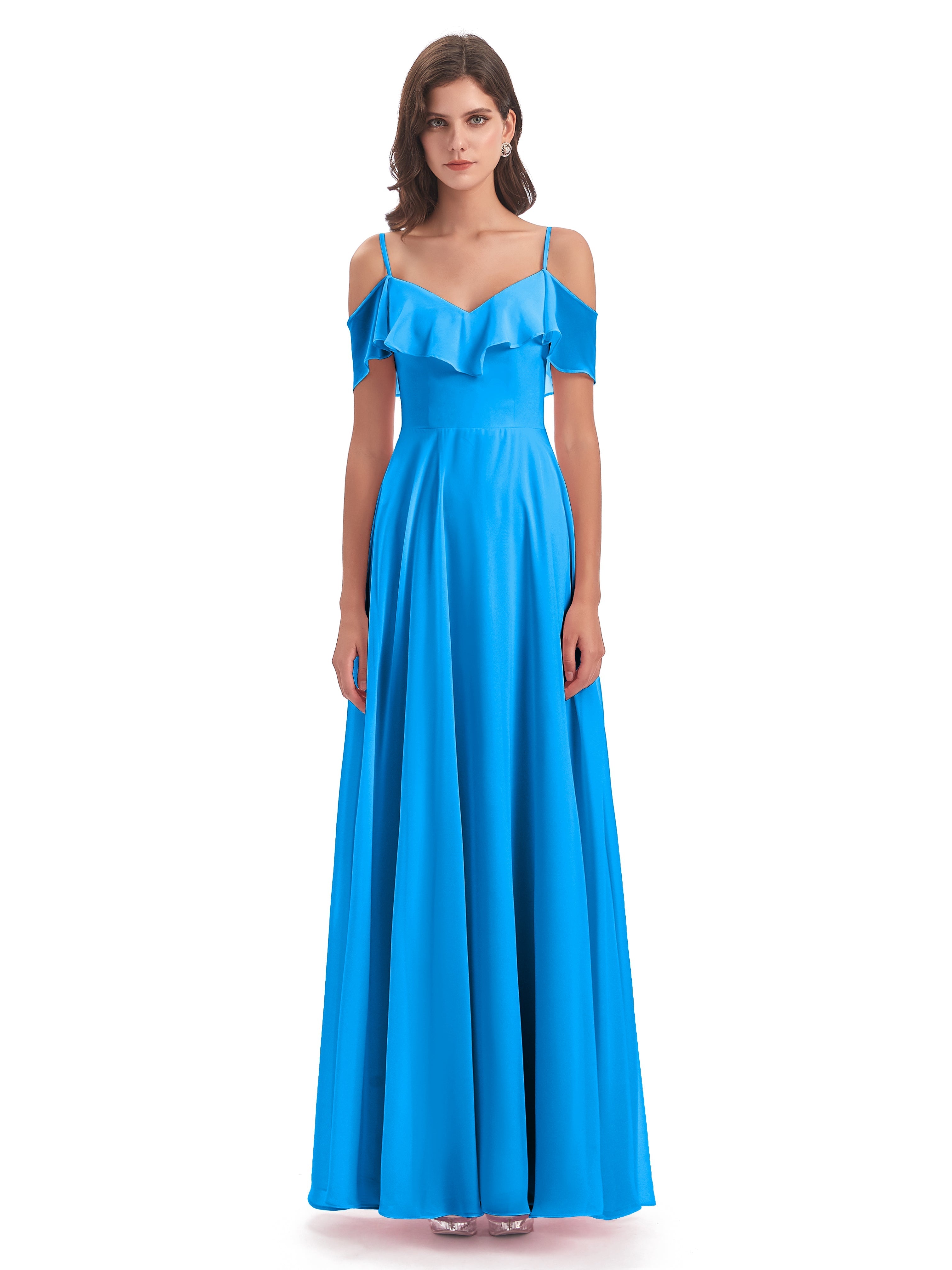 Robes De Demoiselle D'Honneur Bleu Océan Trapèze Bretelles Spaghetti Longue Robes Demoiselle D'Honneur