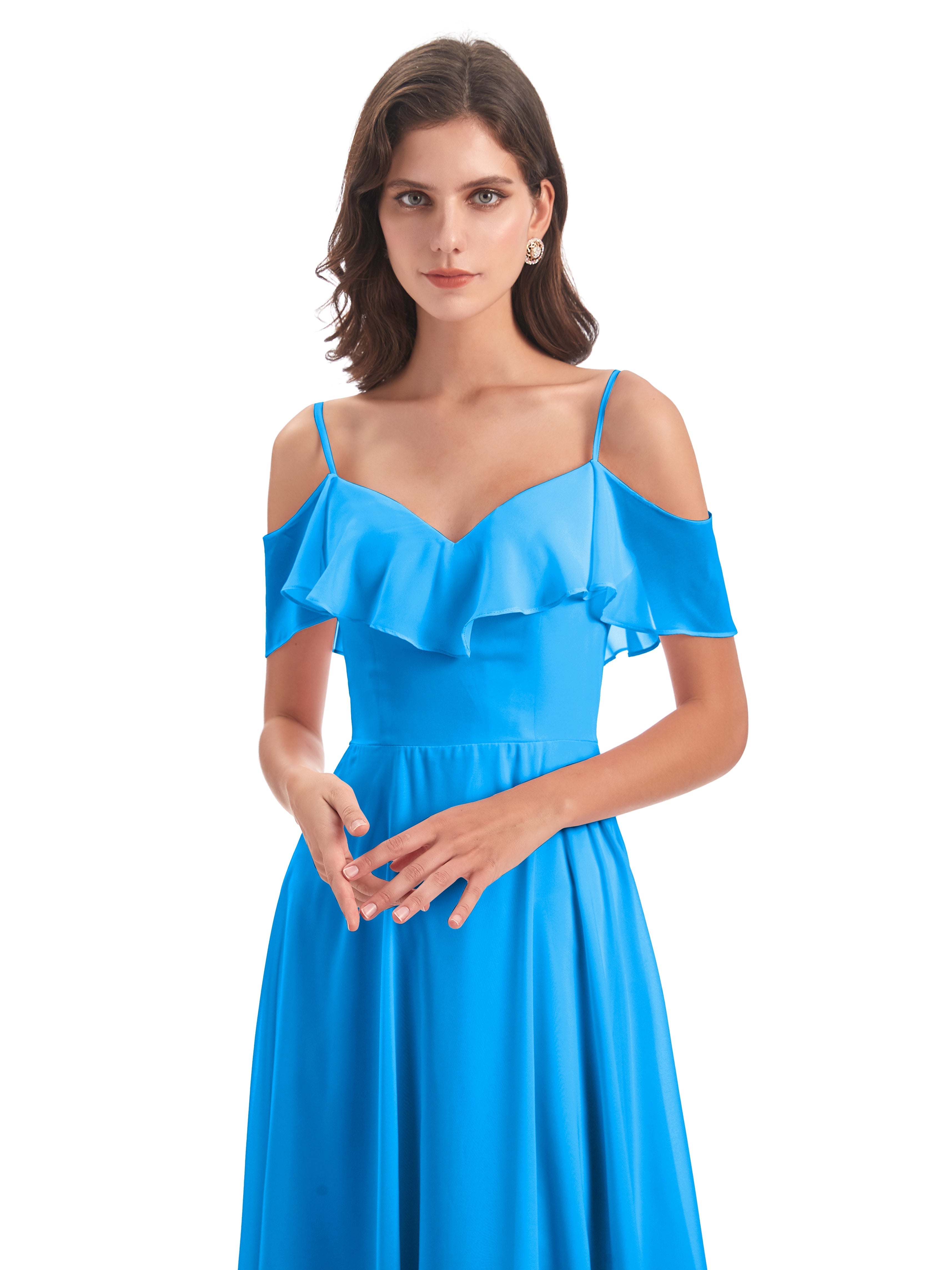 Robes De Demoiselle D'Honneur Bleu Océan Trapèze Bretelles Spaghetti Longue Robes Demoiselle D'Honneur