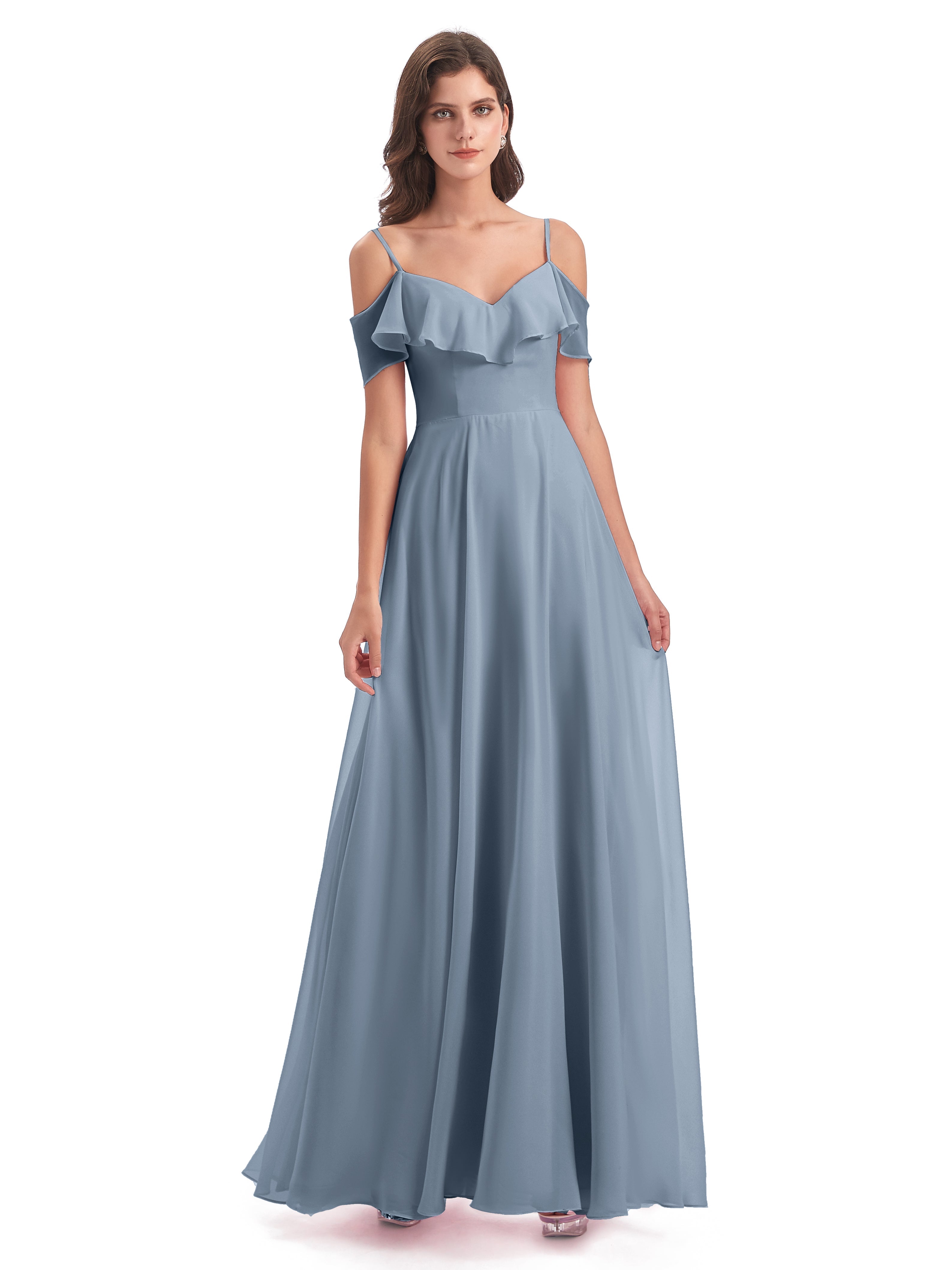 Robes De Demoiselle D'Honneur Bleu Poudre Trapèze Bretelles Spaghetti Longue Robes Demoiselle D'Honneur