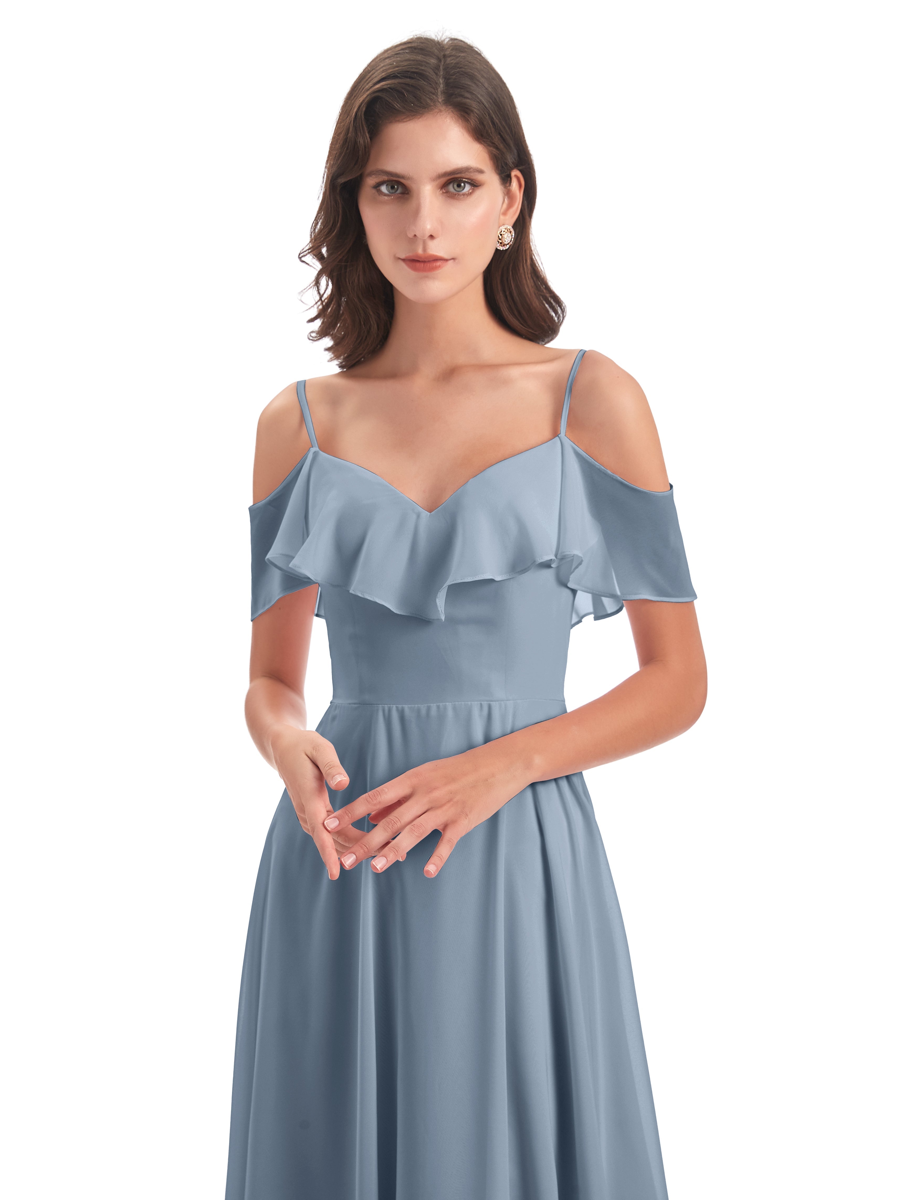Robes De Demoiselle D'Honneur Bleu Poudre Trapèze Bretelles Spaghetti Longue Robes Demoiselle D'Honneur