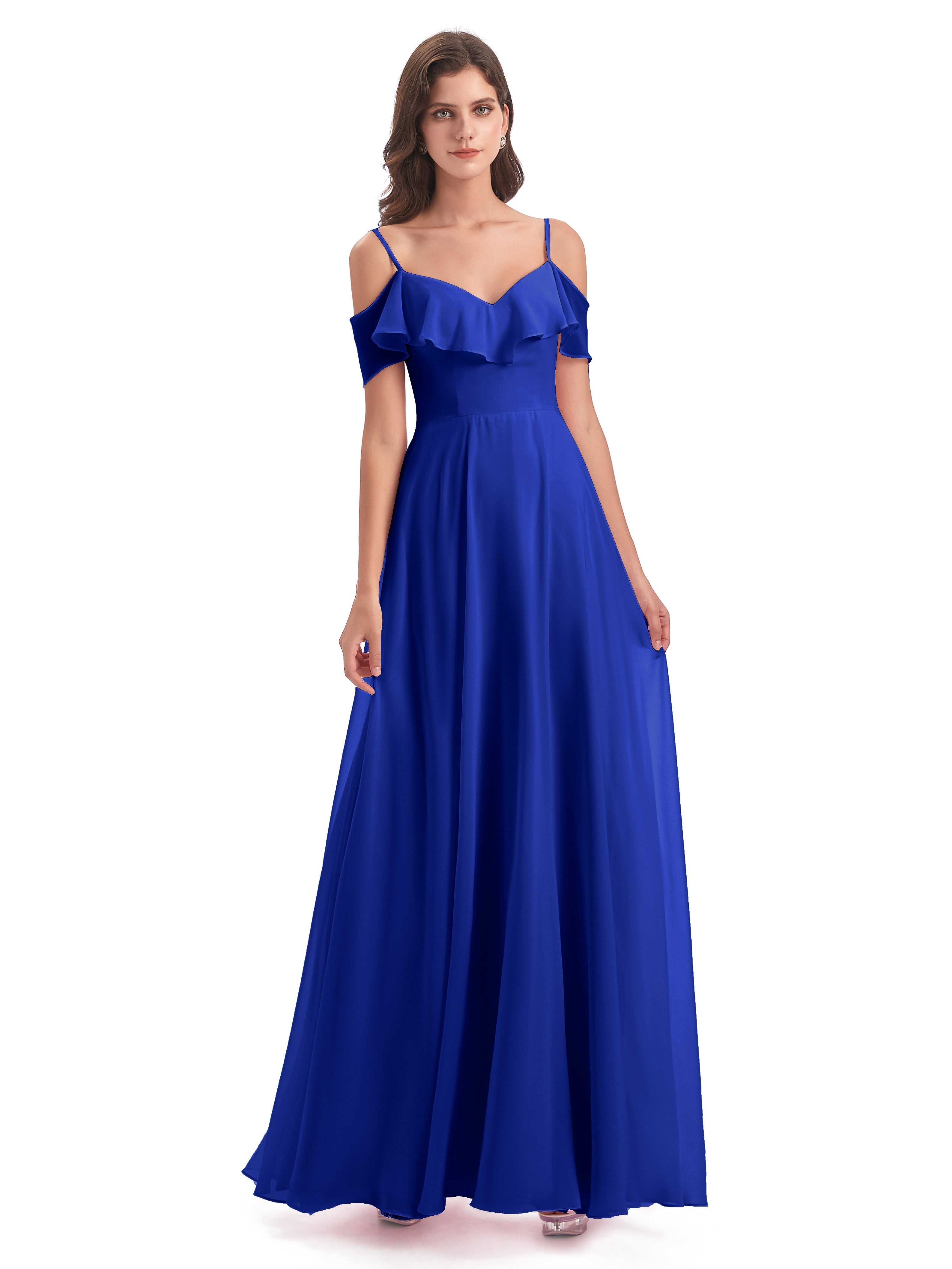 Robes De Demoiselle D'Honneur Bleu Royal Trapèze Bretelles Spaghetti Longue Robes Demoiselle D'Honneur