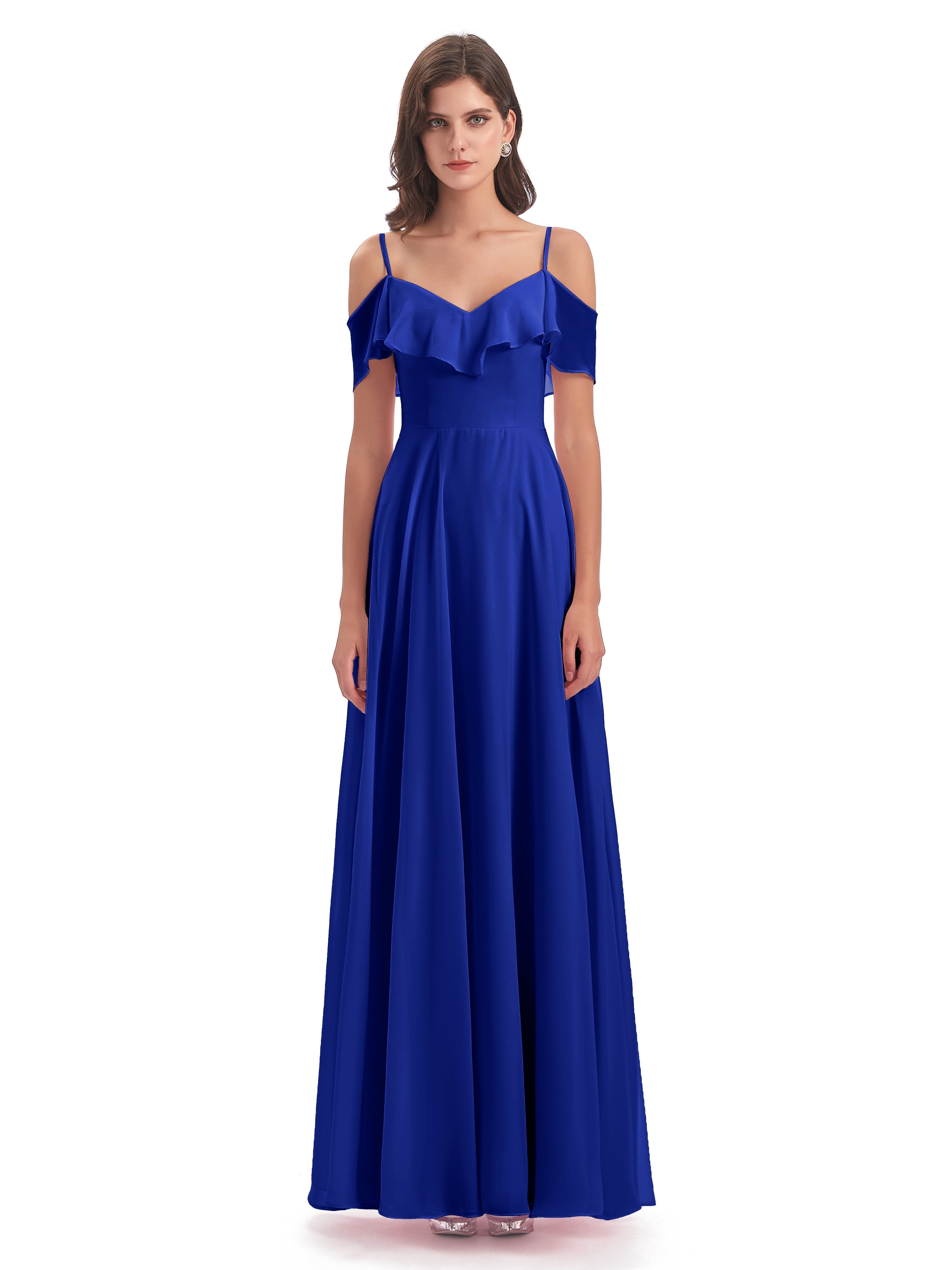 Robes De Demoiselle D'Honneur Bleu Royal Trapèze Bretelles Spaghetti Longue Robes Demoiselle D'Honneur