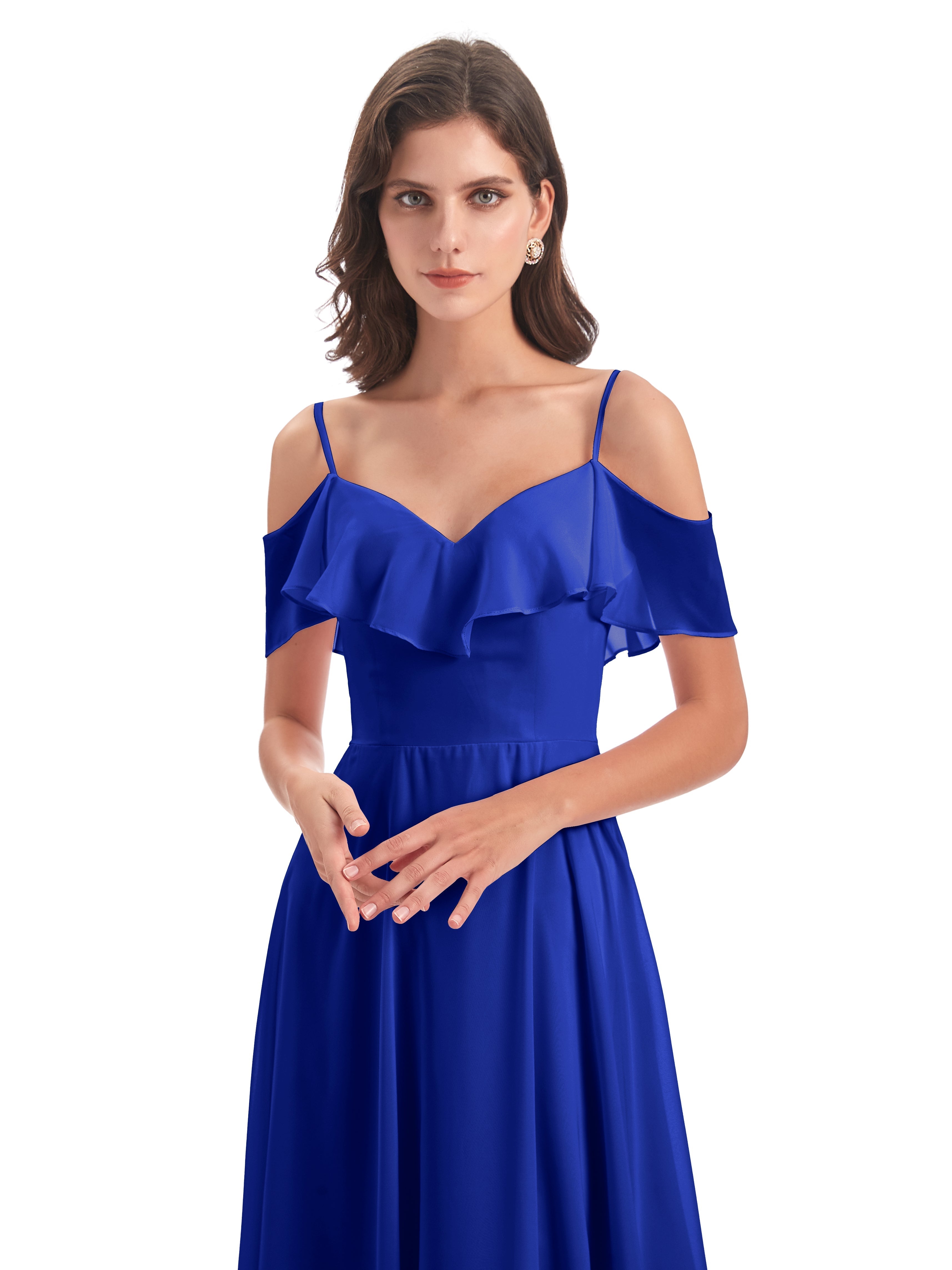 Robes De Demoiselle D'Honneur Bleu Royal Trapèze Bretelles Spaghetti Longue Robes Demoiselle D'Honneur