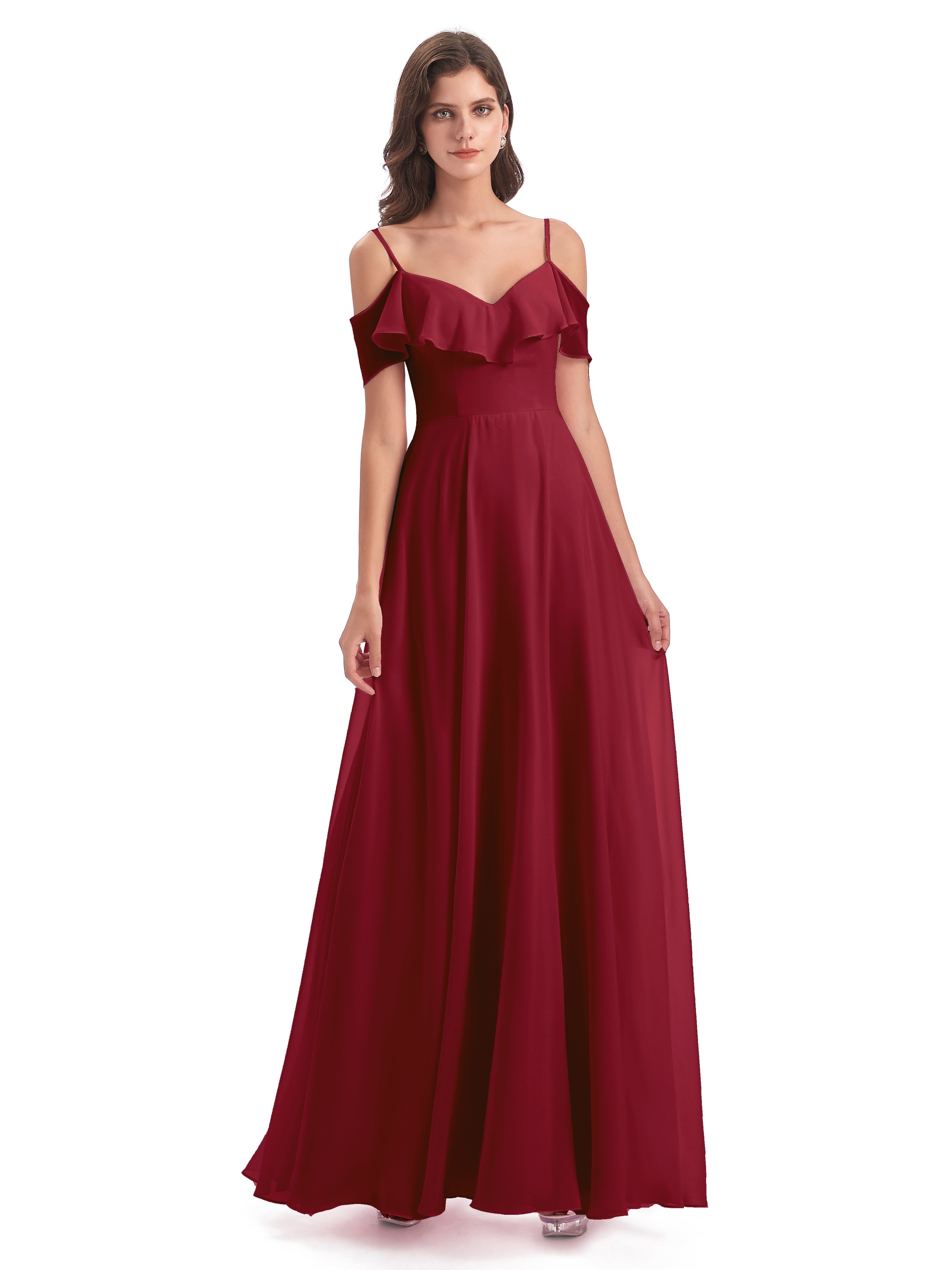 Robes De Demoiselle D'Honneur Bordeaux Longues Trapèze Bretelles Spaghetti Longue Robes Demoiselle D'Honneur