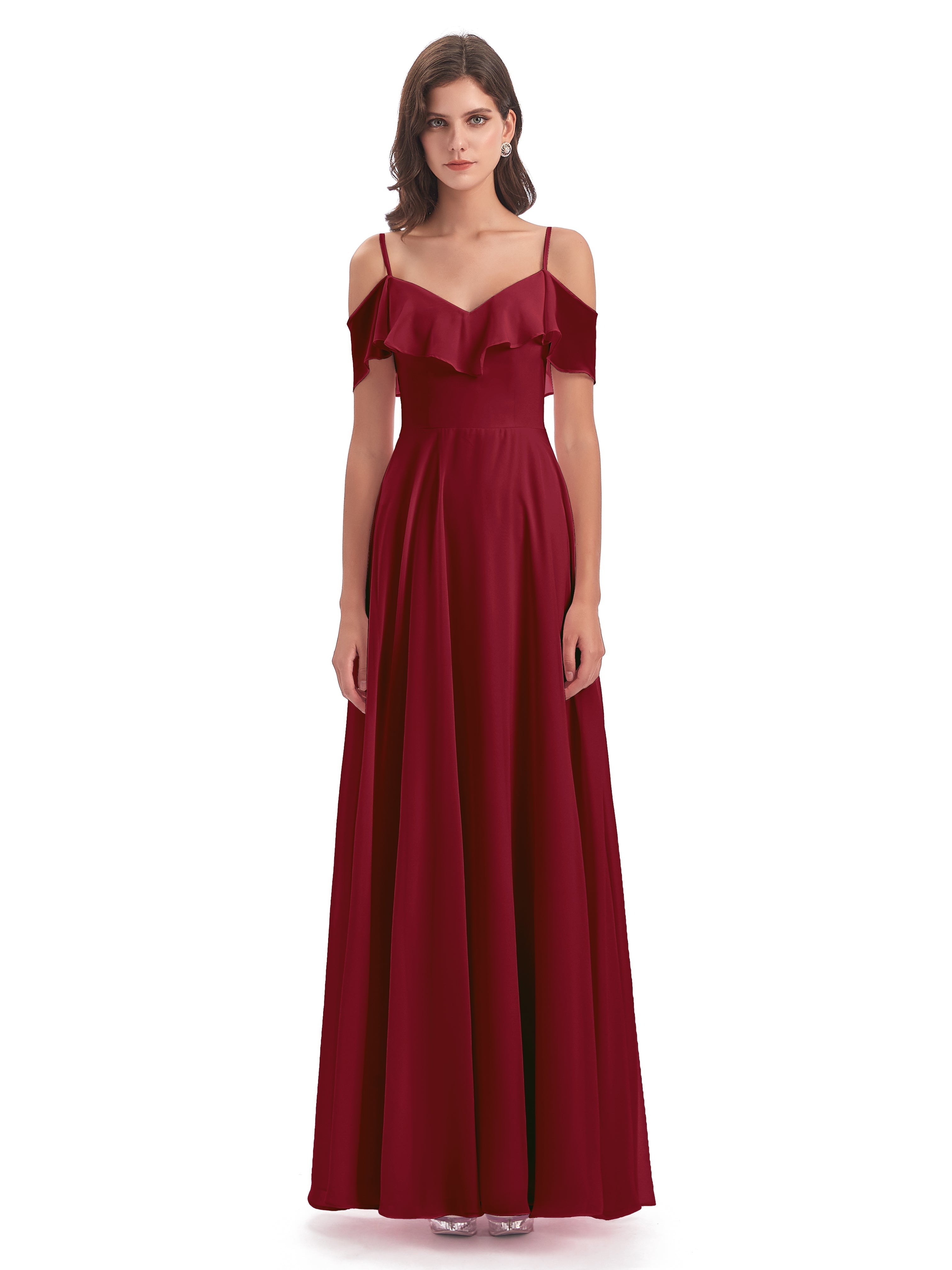 Robes De Demoiselle D'Honneur Bordeaux Longues Trapèze Bretelles Spaghetti Longue Robes Demoiselle D'Honneur