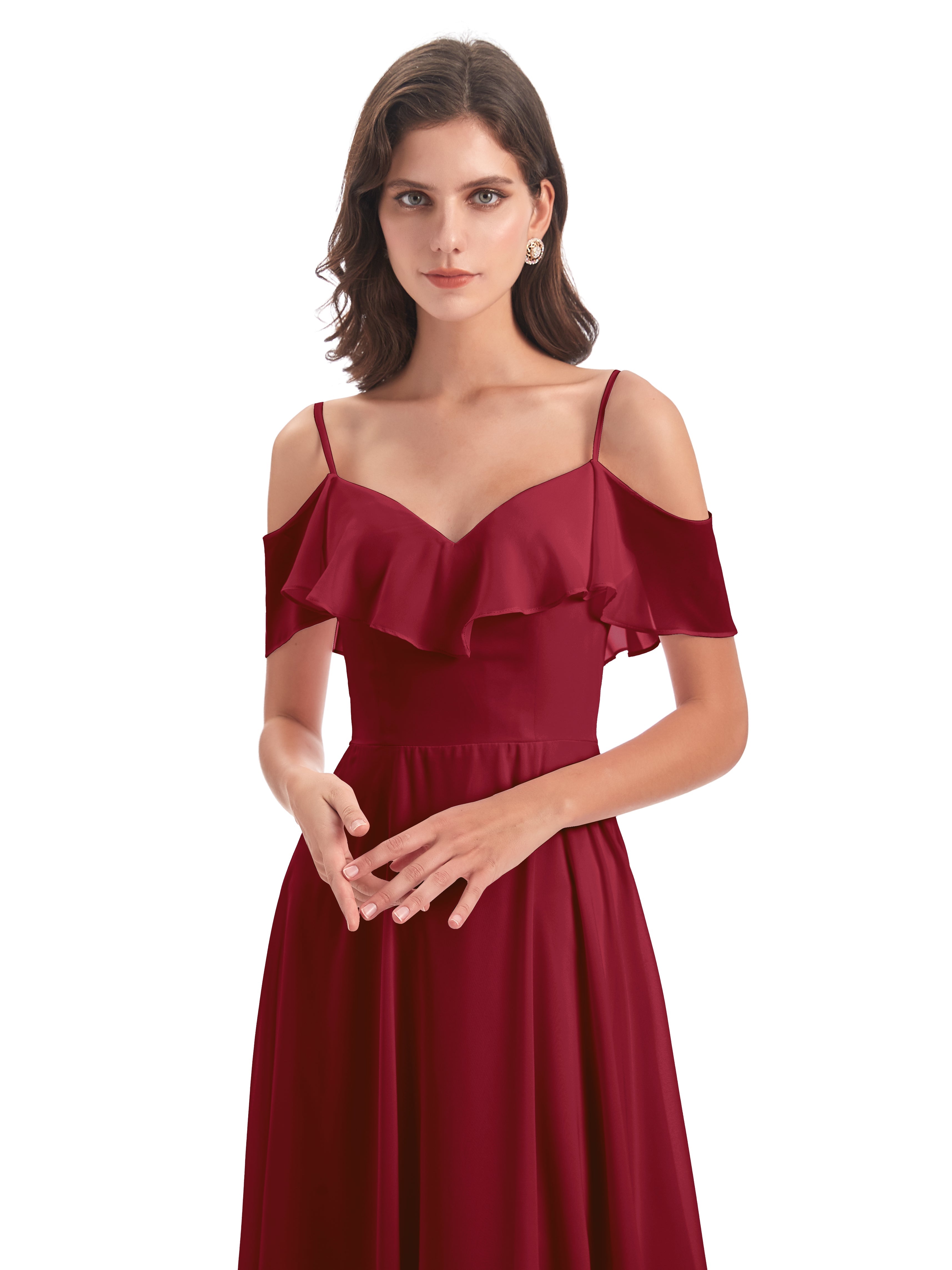 Robes De Demoiselle D'Honneur Bordeaux Longues Trapèze Bretelles Spaghetti Longue Robes Demoiselle D'Honneur