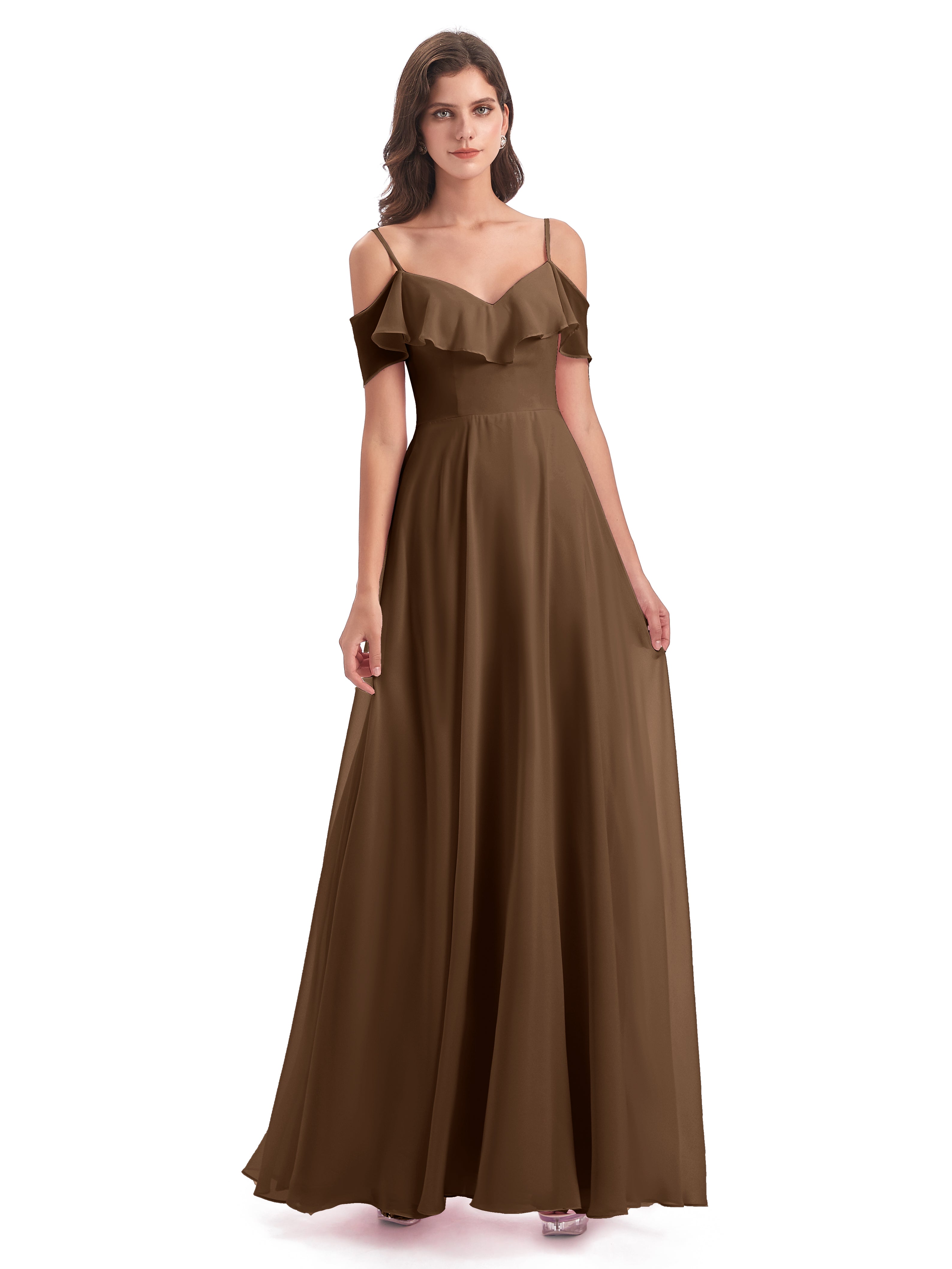 Robes De Demoiselle D'Honneur Brun Trapèze Bretelles Spaghetti Longue Robes Demoiselle D'Honneur