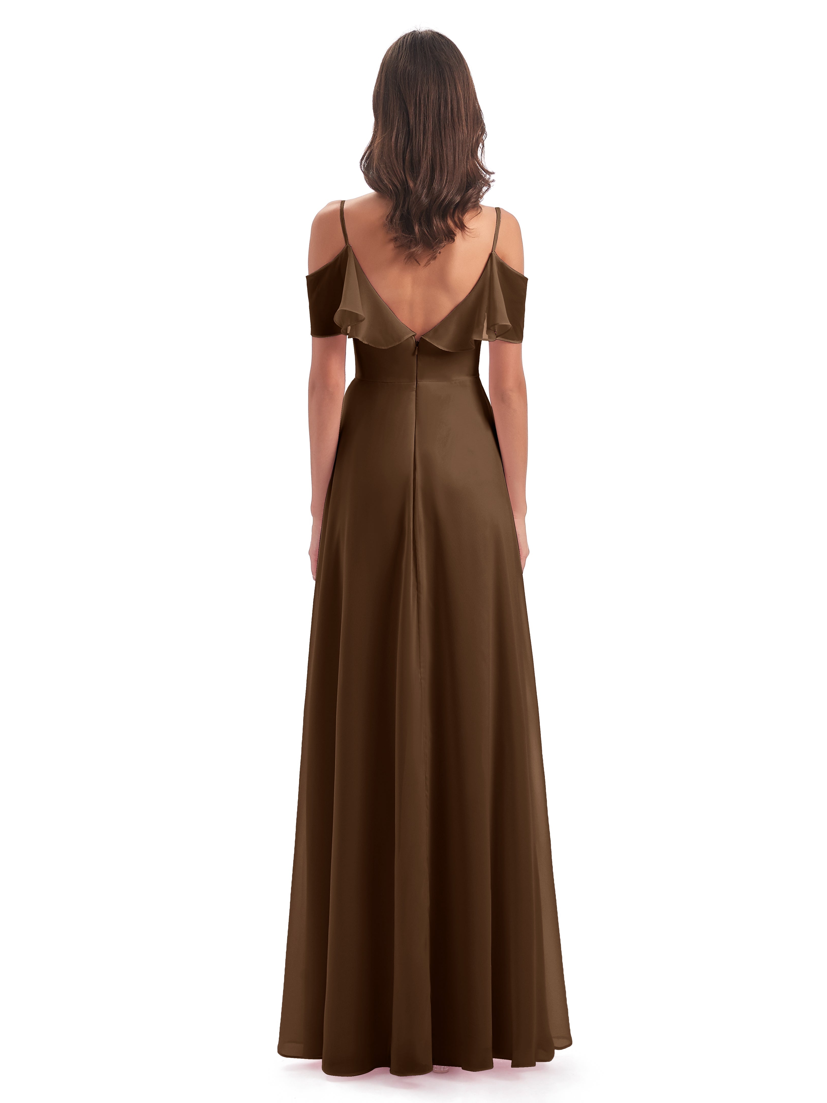 Robes De Demoiselle D'Honneur Brun Trapèze Bretelles Spaghetti Longue Robes Demoiselle D'Honneur