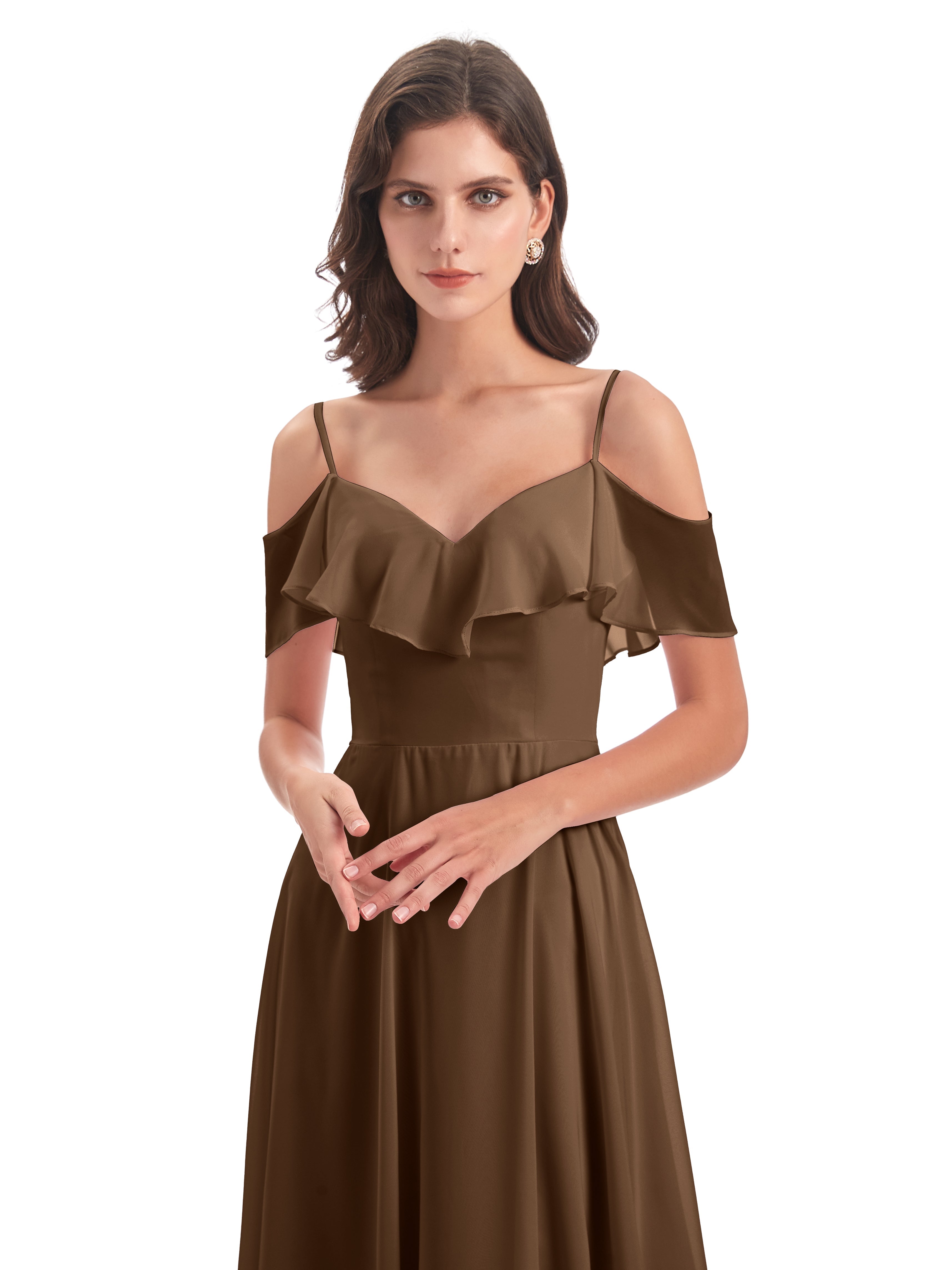 Robes De Demoiselle D'Honneur Brun Trapèze Bretelles Spaghetti Longue Robes Demoiselle D'Honneur