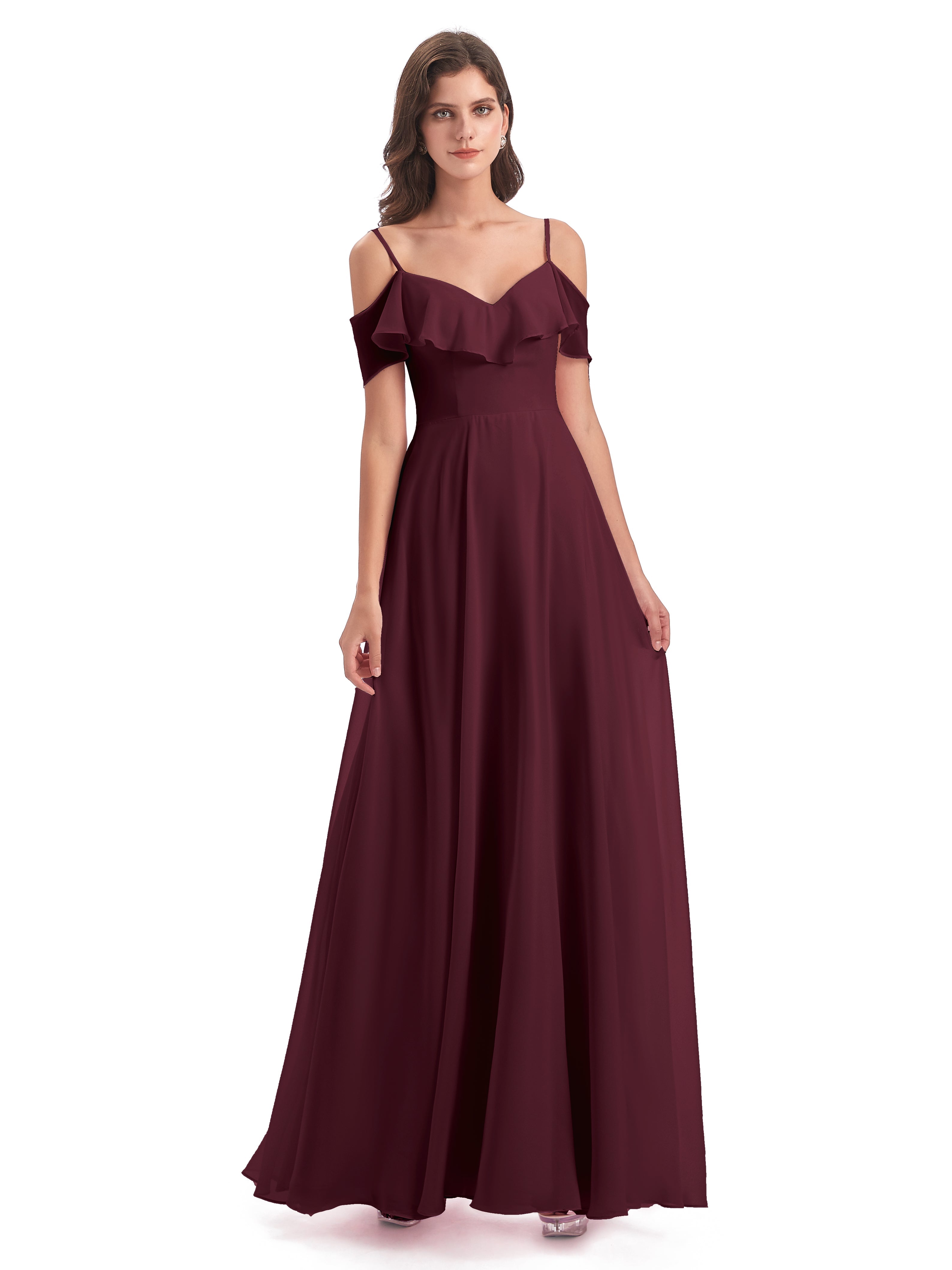 Robes De Demoiselle D'Honneur Cabernet Trapèze Bretelles Spaghetti Longue Robes Demoiselle D'Honneur