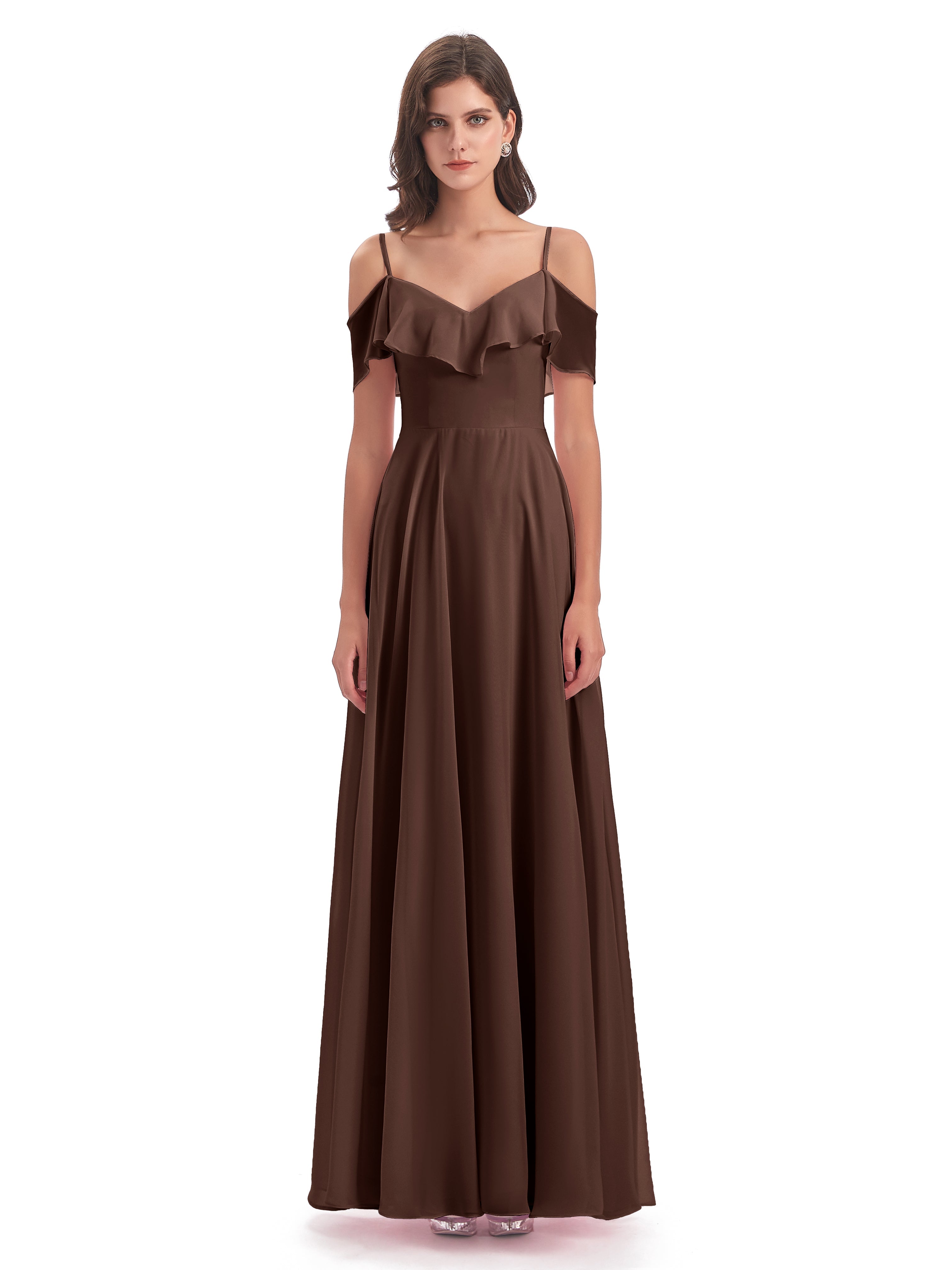 Robes De Demoiselle D'Honneur En Chocolat Trapèze Bretelles Spaghetti Longue Robes Demoiselle D'Honneur