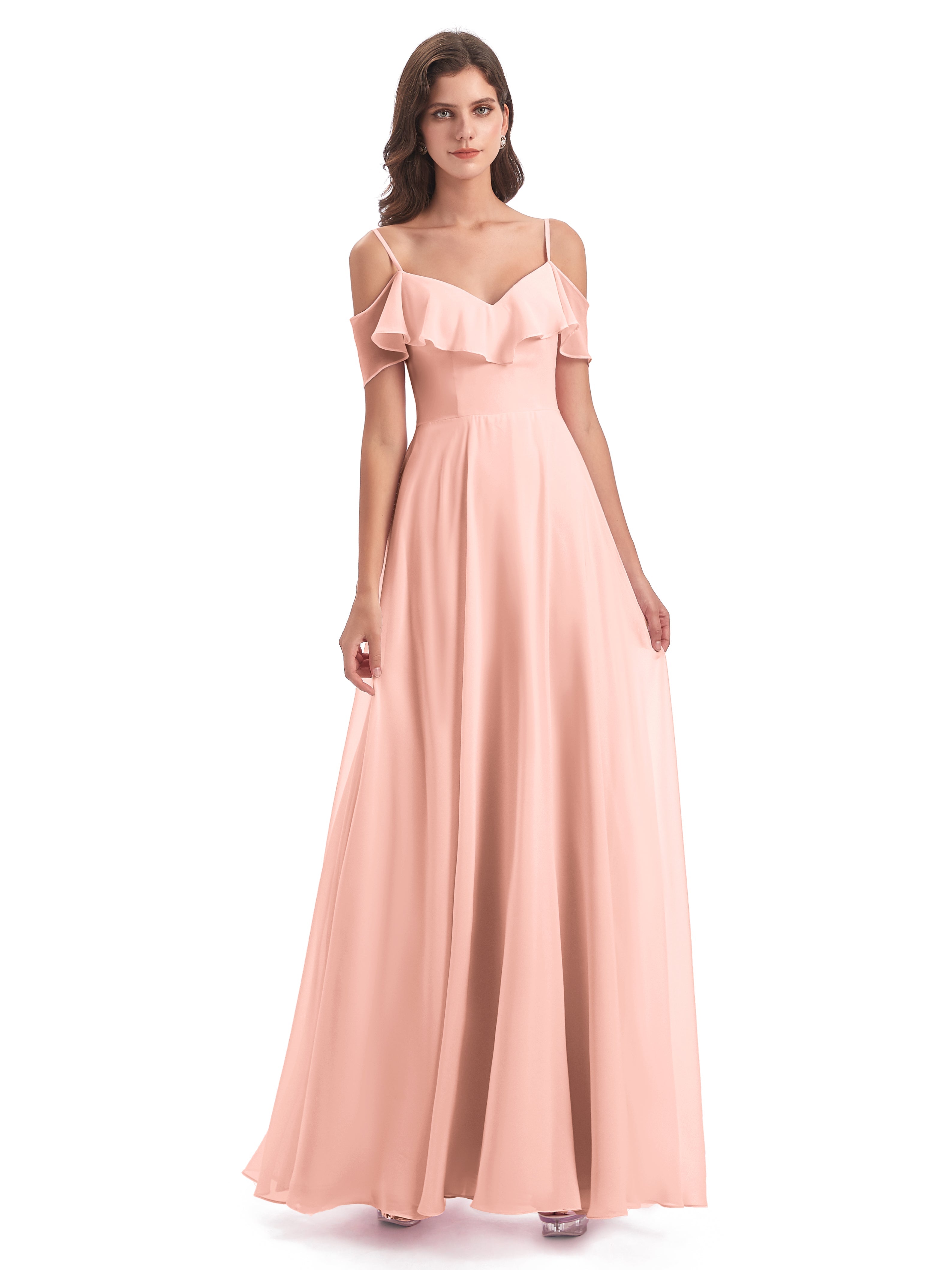 Robe Demoiselle Honneur Corail Trapèze Bretelles Spaghetti Longue Robes Demoiselle D'Honneur