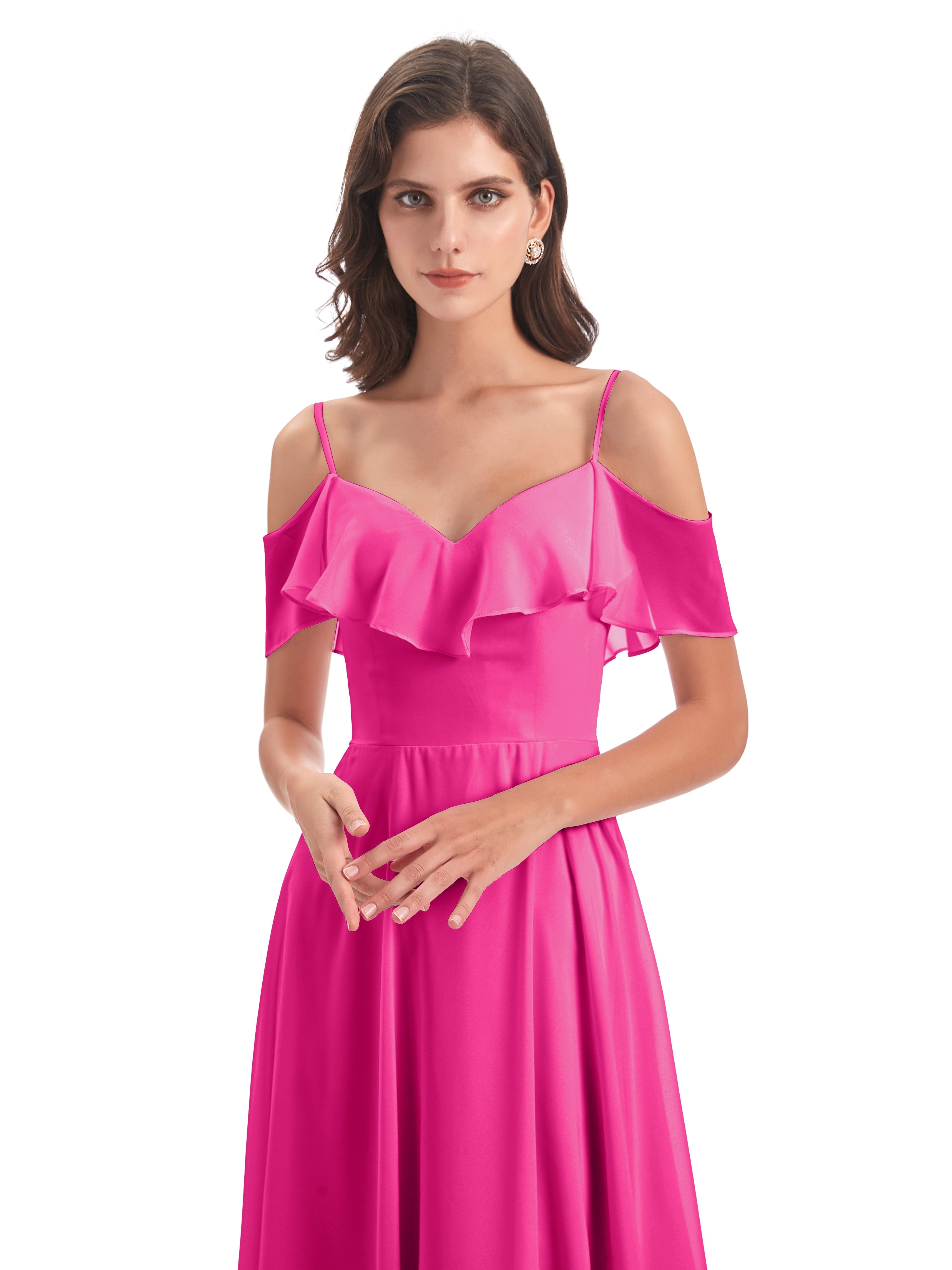 Robes De Demoiselle D'Honneur Rose Fuchsia Trapèze Bretelles Spaghetti Longue Robes Demoiselle D'Honneur