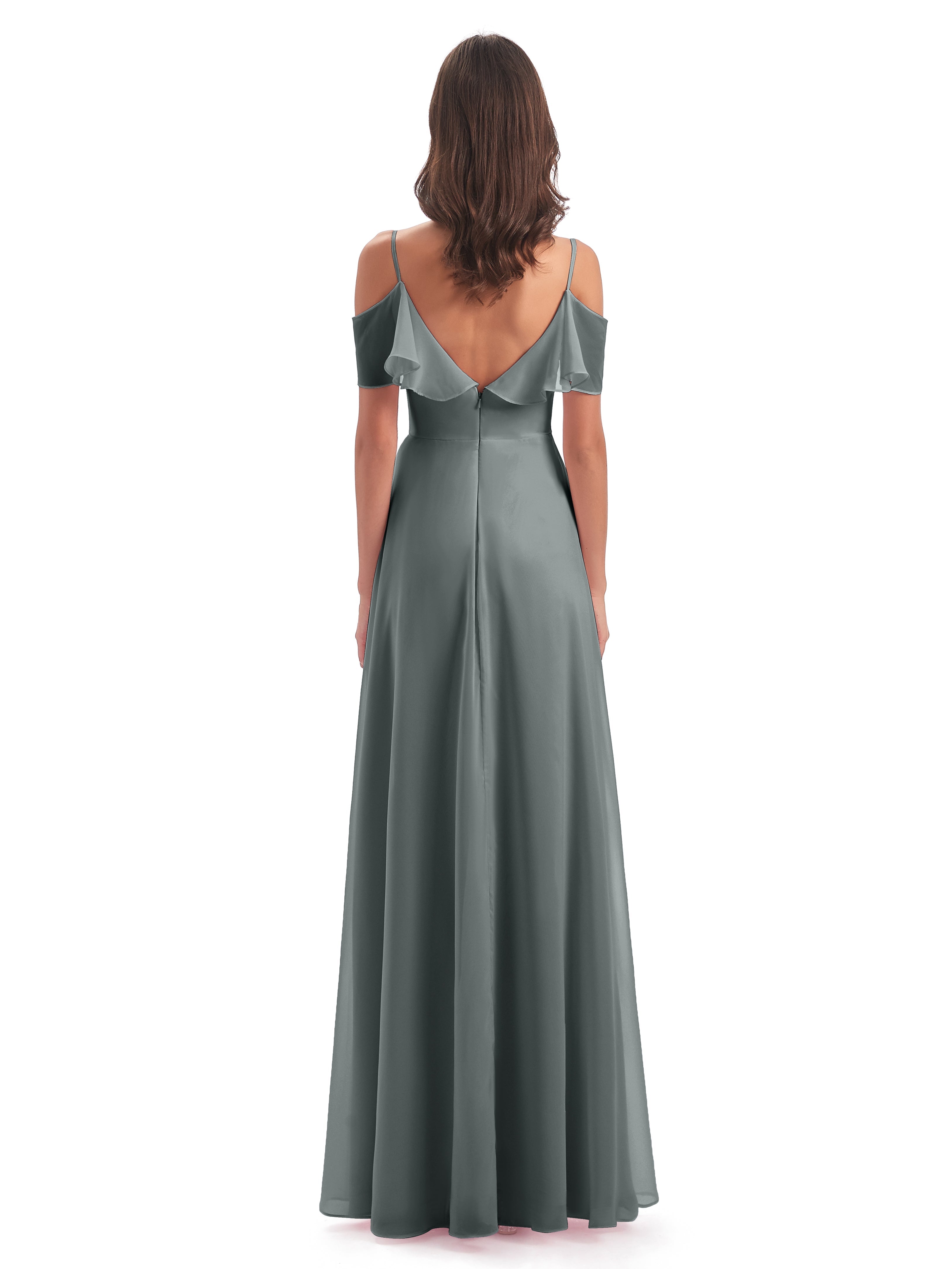 Robes De Demoiselle D'Honneur Gris Argenté Trapèze Bretelles Spaghetti Longue Robes Demoiselle D'Honneur