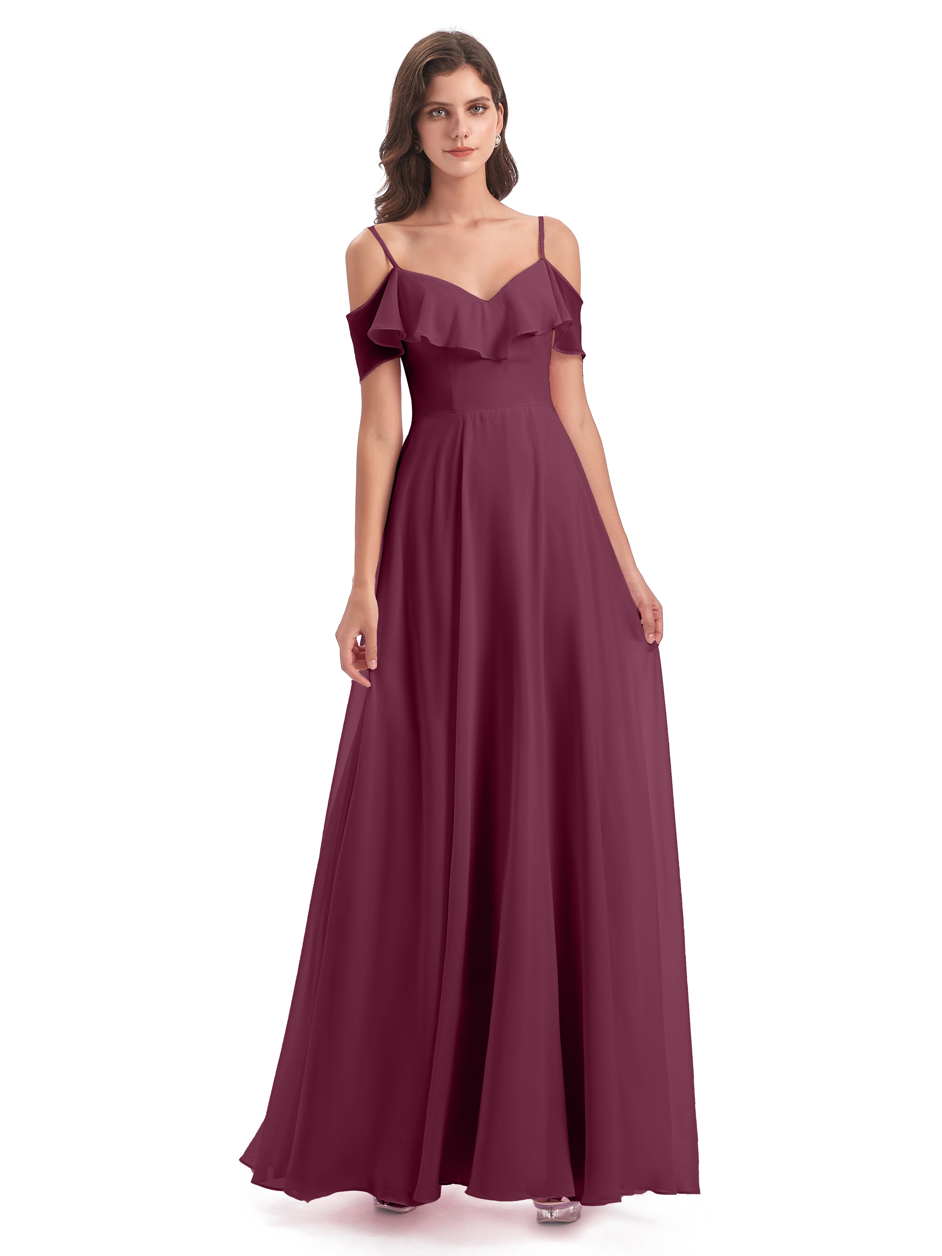 Robes De Demoiselle D'Honneur Mûre Trapèze Bretelles Spaghetti Longue Robes Demoiselle D'Honneur