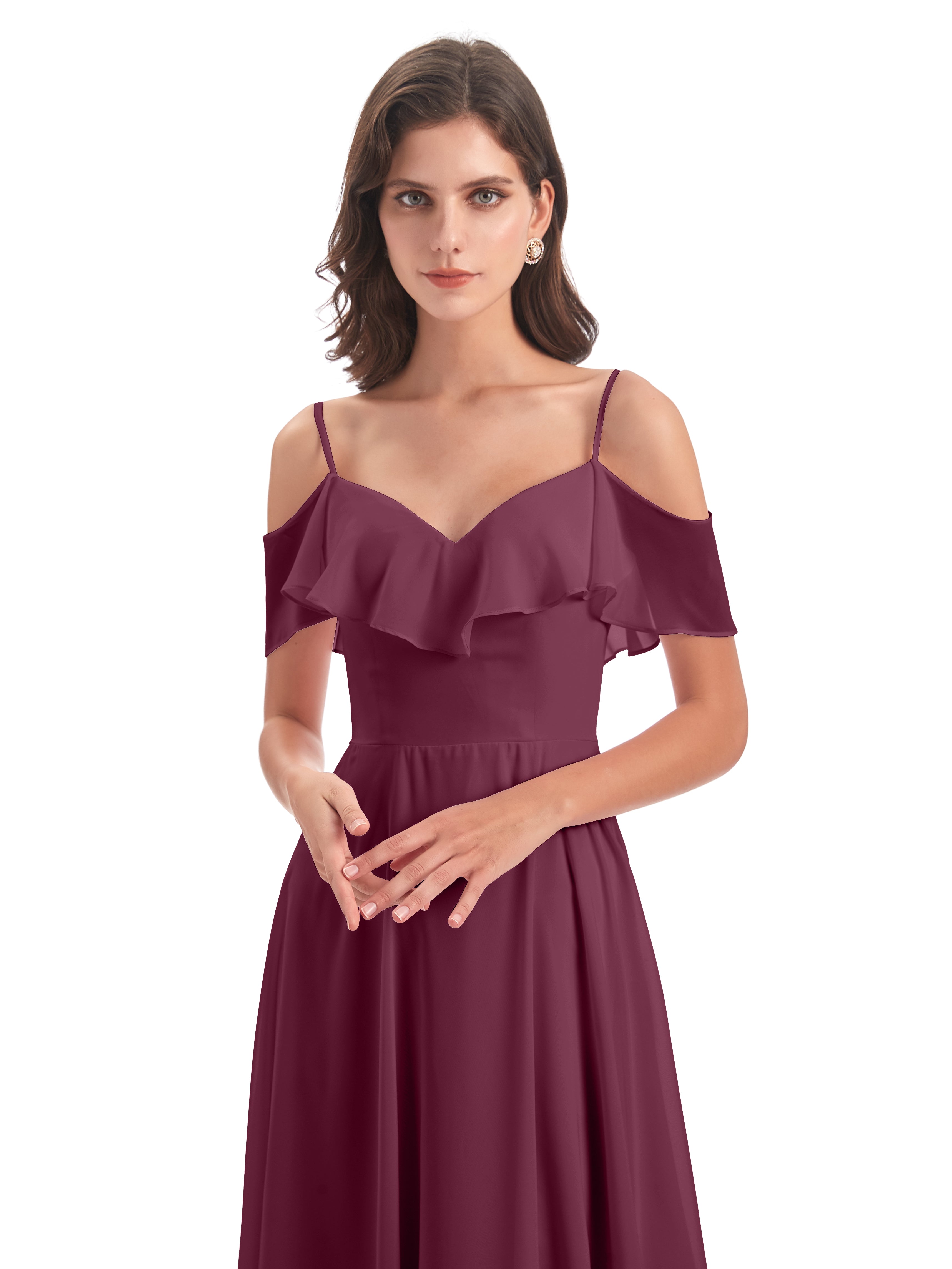 Robes De Demoiselle D'Honneur Mûre Trapèze Bretelles Spaghetti Longue Robes Demoiselle D'Honneur