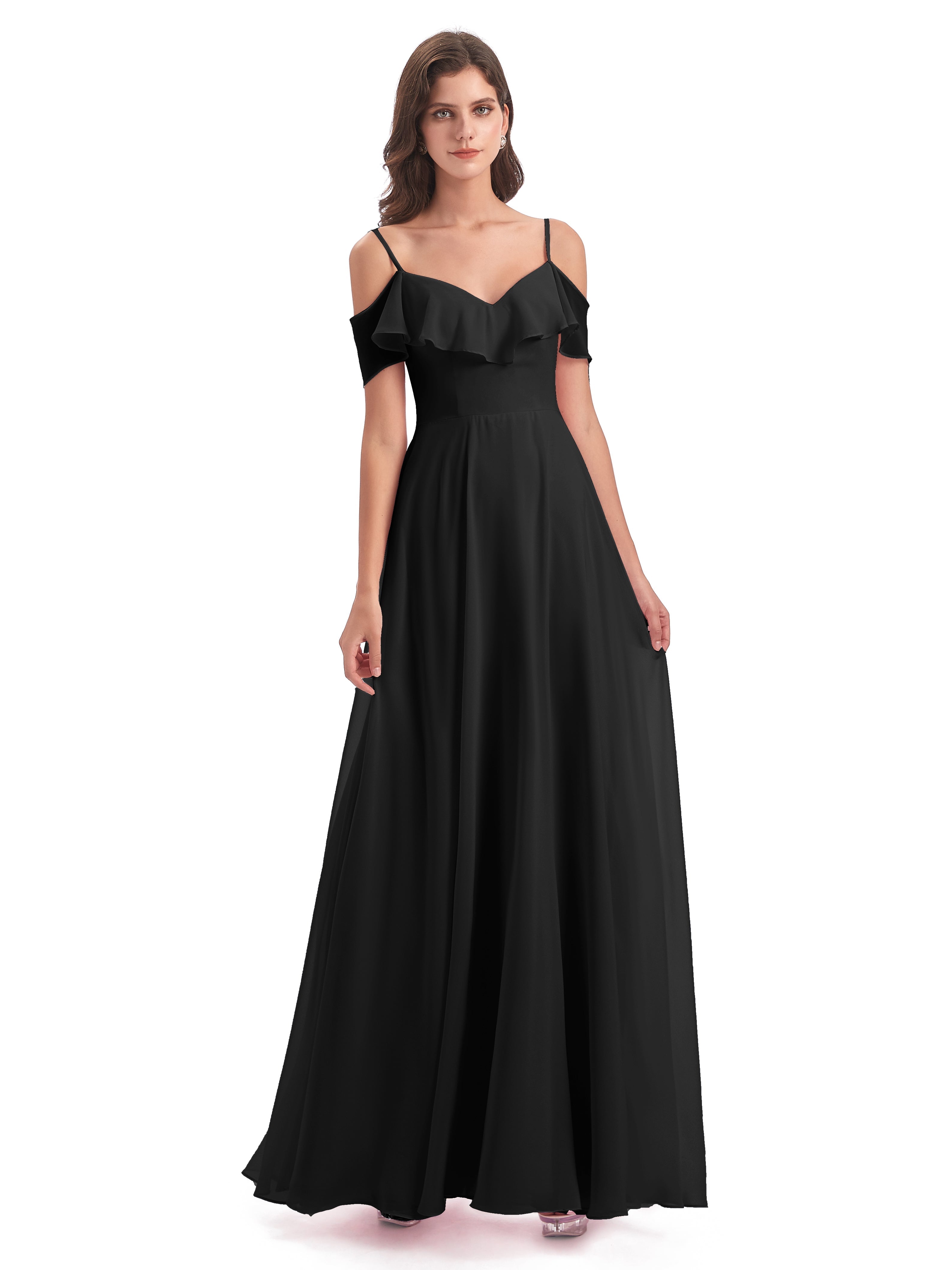 Longues Robes De Demoiselle D'Honneur Noires Trapèze Bretelles Spaghetti Robes Demoiselle D'Honneur