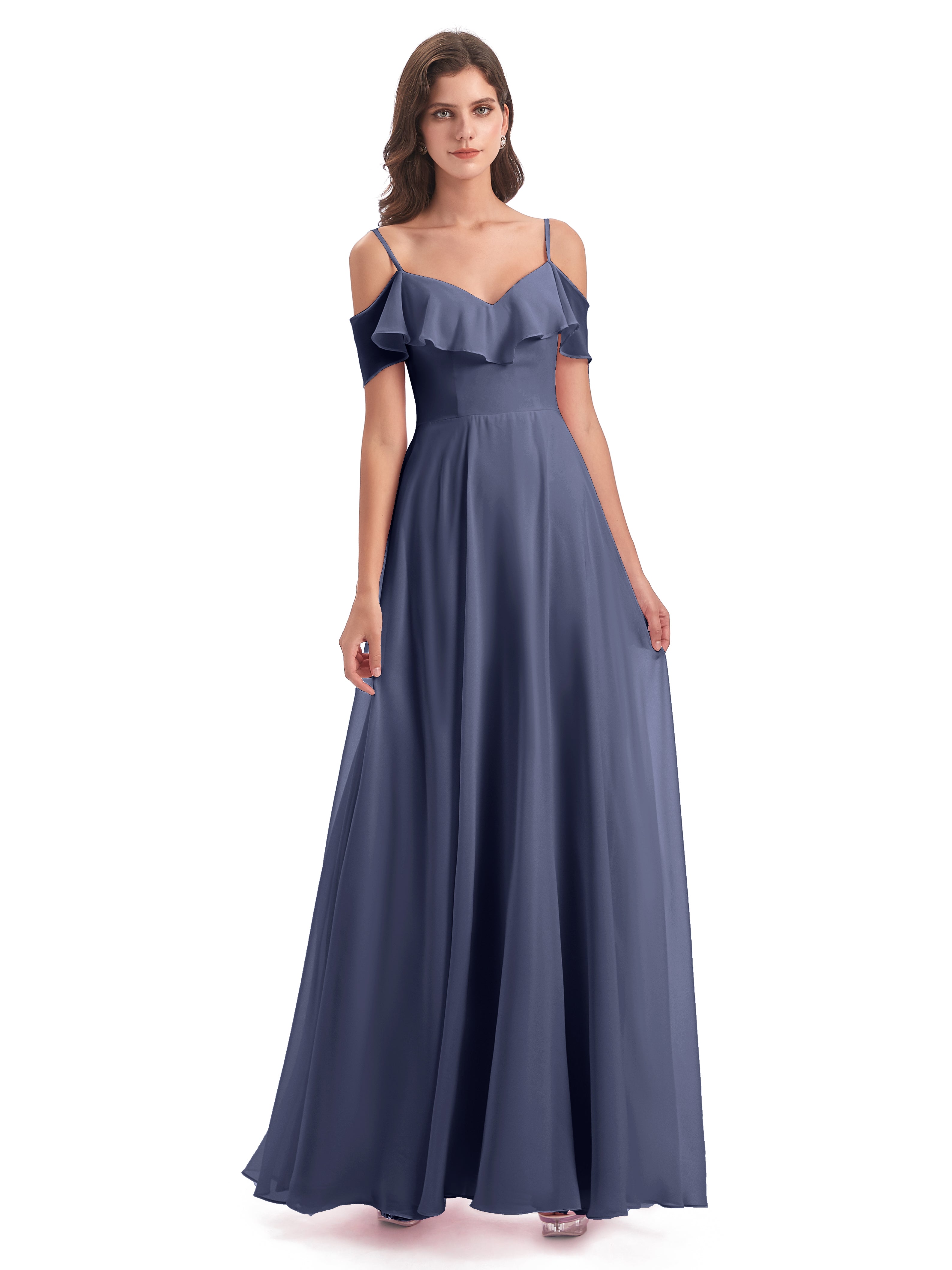 Robes De Demoiselle D'Honneur Bleu Orageux Trapèze Bretelles Spaghetti Longue Robes Demoiselle D'Honneur