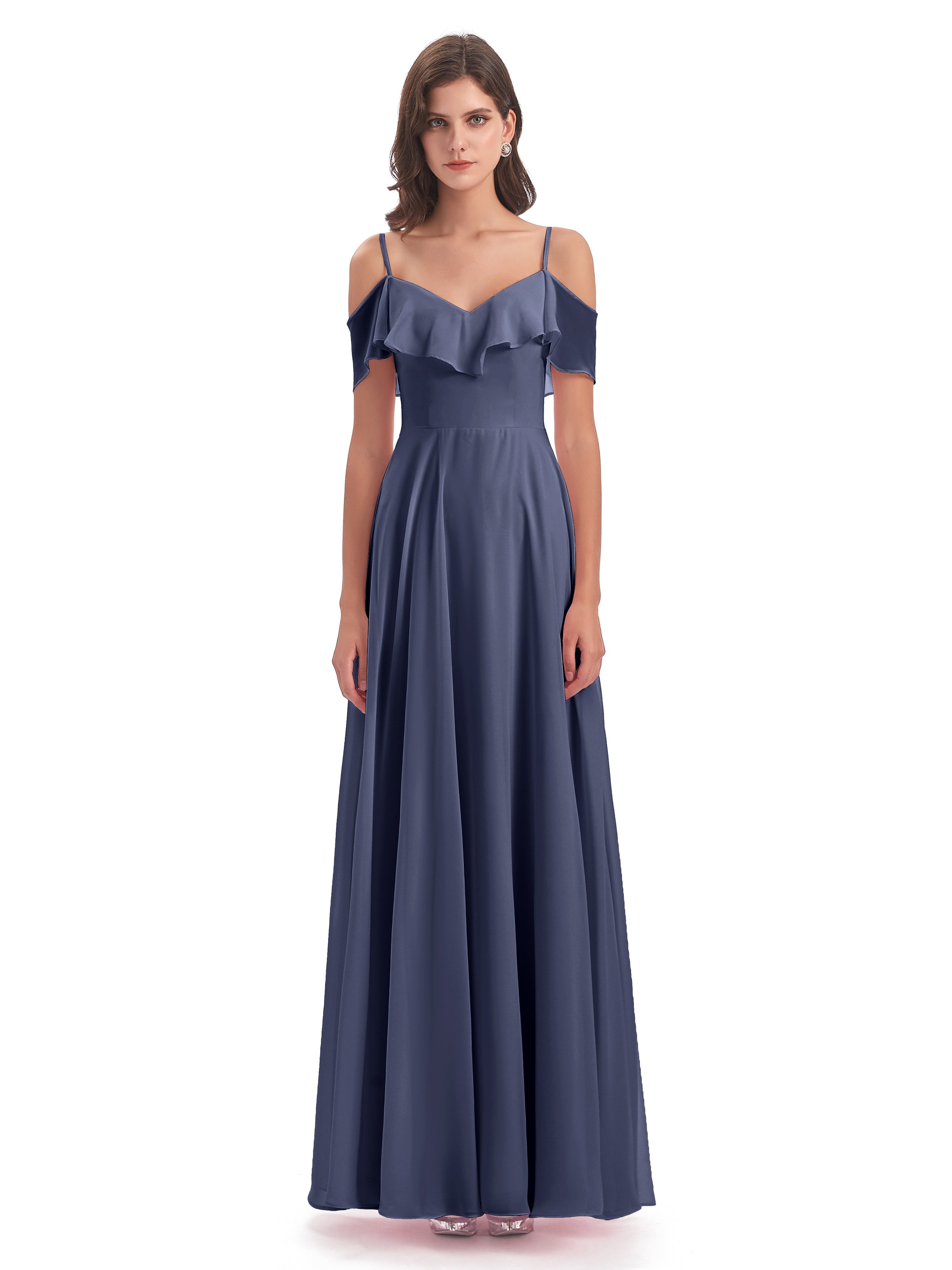 Robes De Demoiselle D'Honneur Bleu Orageux Trapèze Bretelles Spaghetti Longue Robes Demoiselle D'Honneur