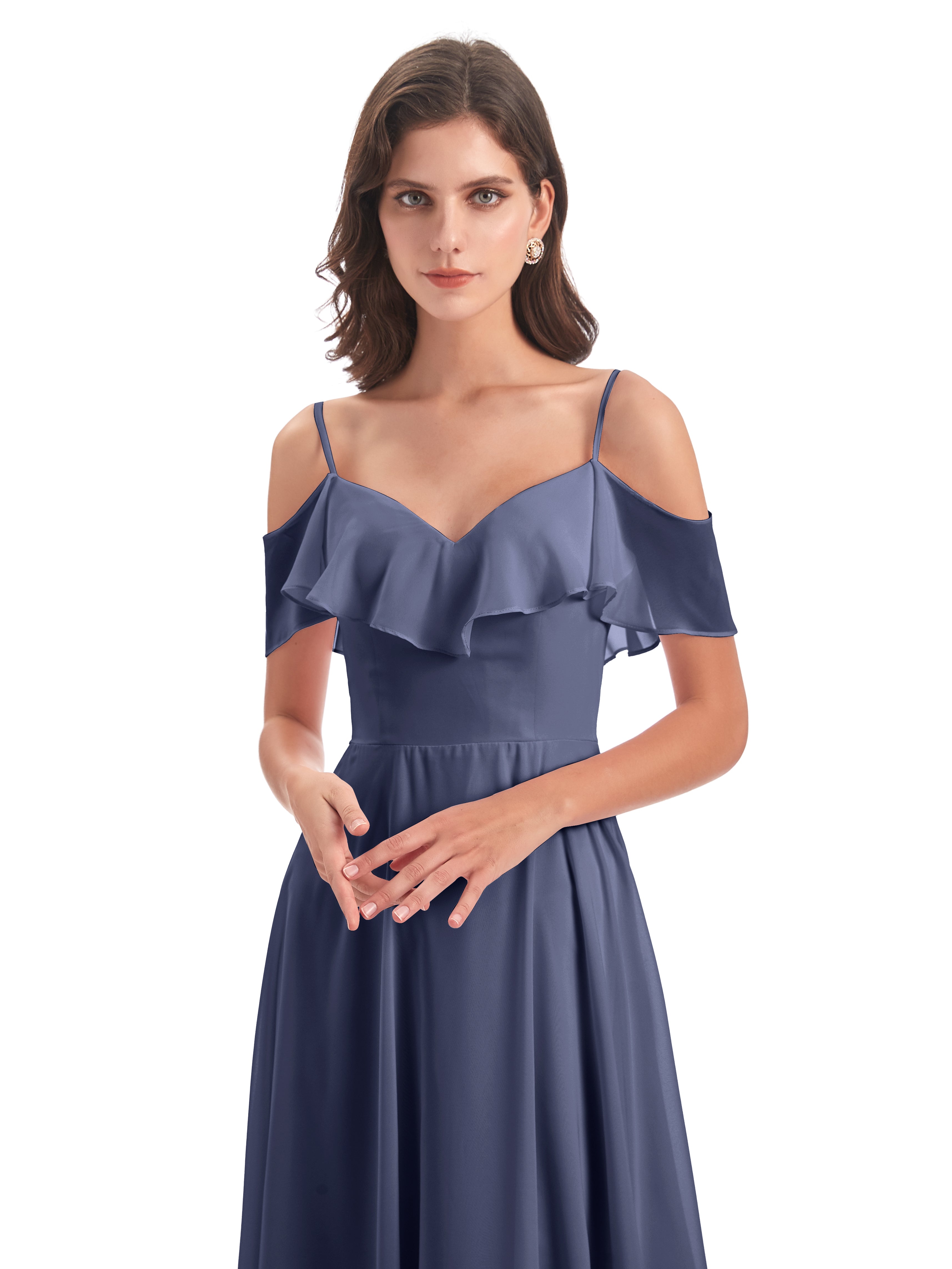 Robes De Demoiselle D'Honneur Bleu Orageux Trapèze Bretelles Spaghetti Longue Robes Demoiselle D'Honneur