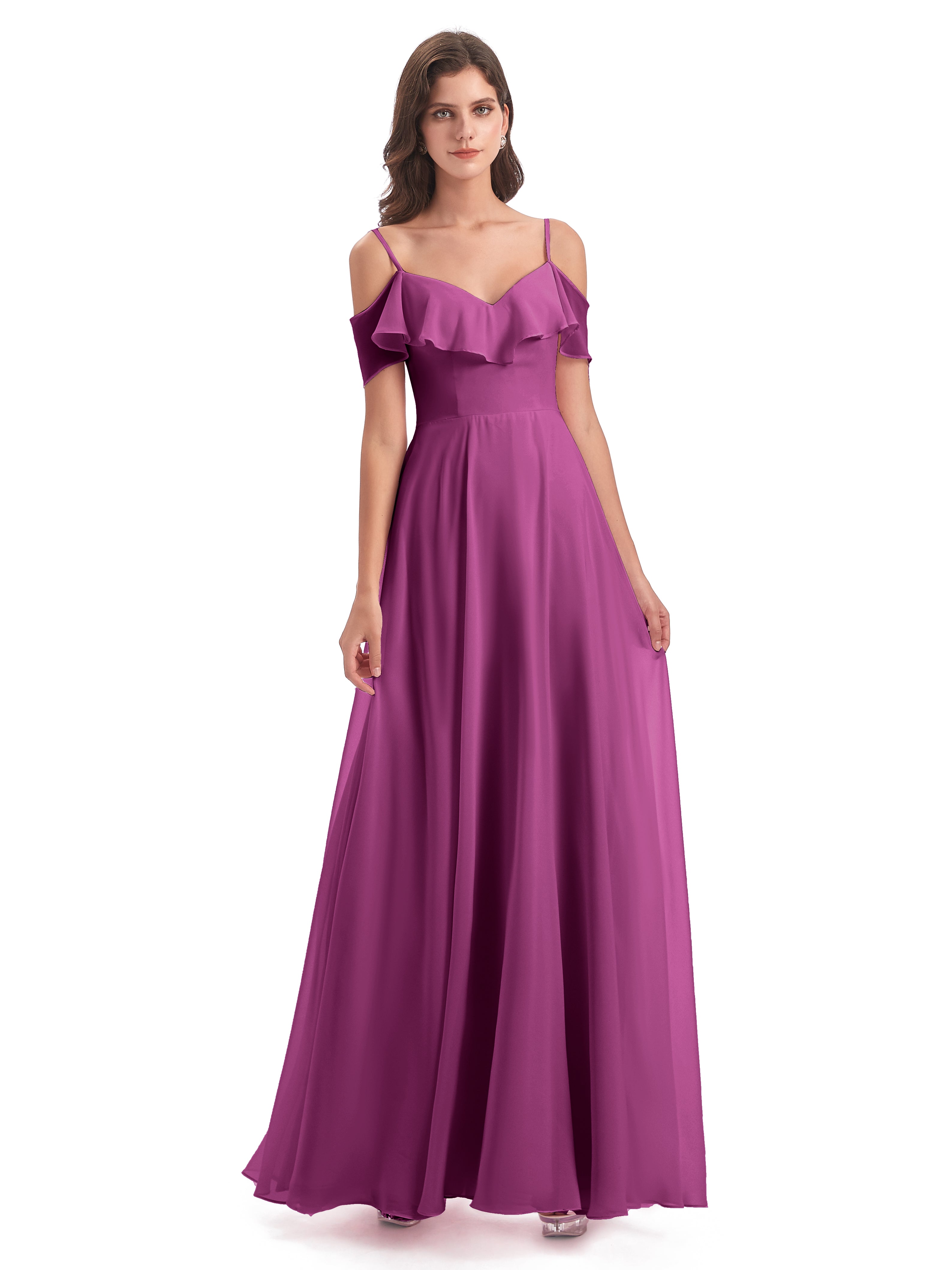 Robes De Demoiselle D'Honneur Orchidée Trapèze Bretelles Spaghetti Longue Robes Demoiselle D'Honneur
