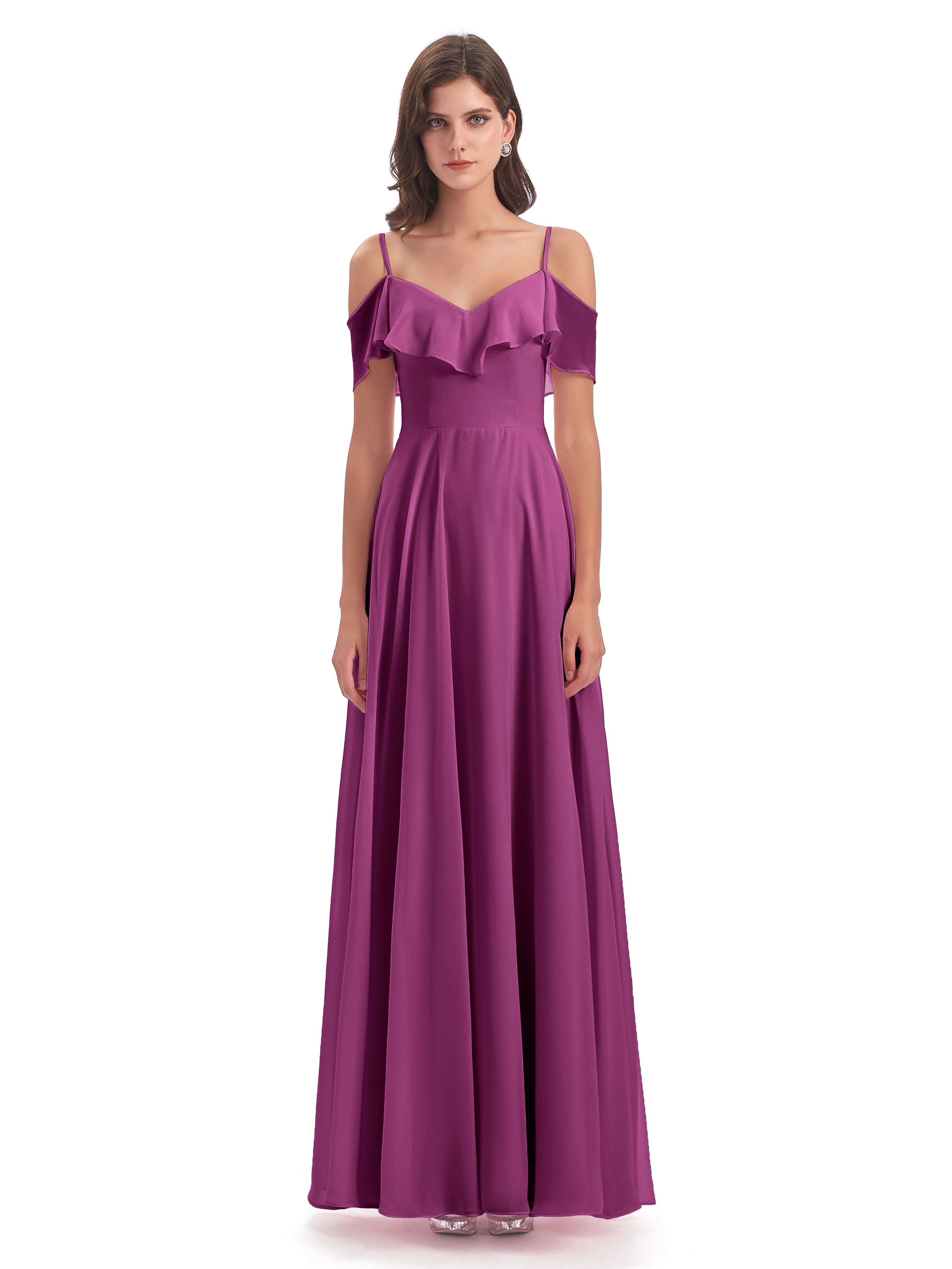 Robes De Demoiselle D'Honneur Orchidée Trapèze Bretelles Spaghetti Longue Robes Demoiselle D'Honneur