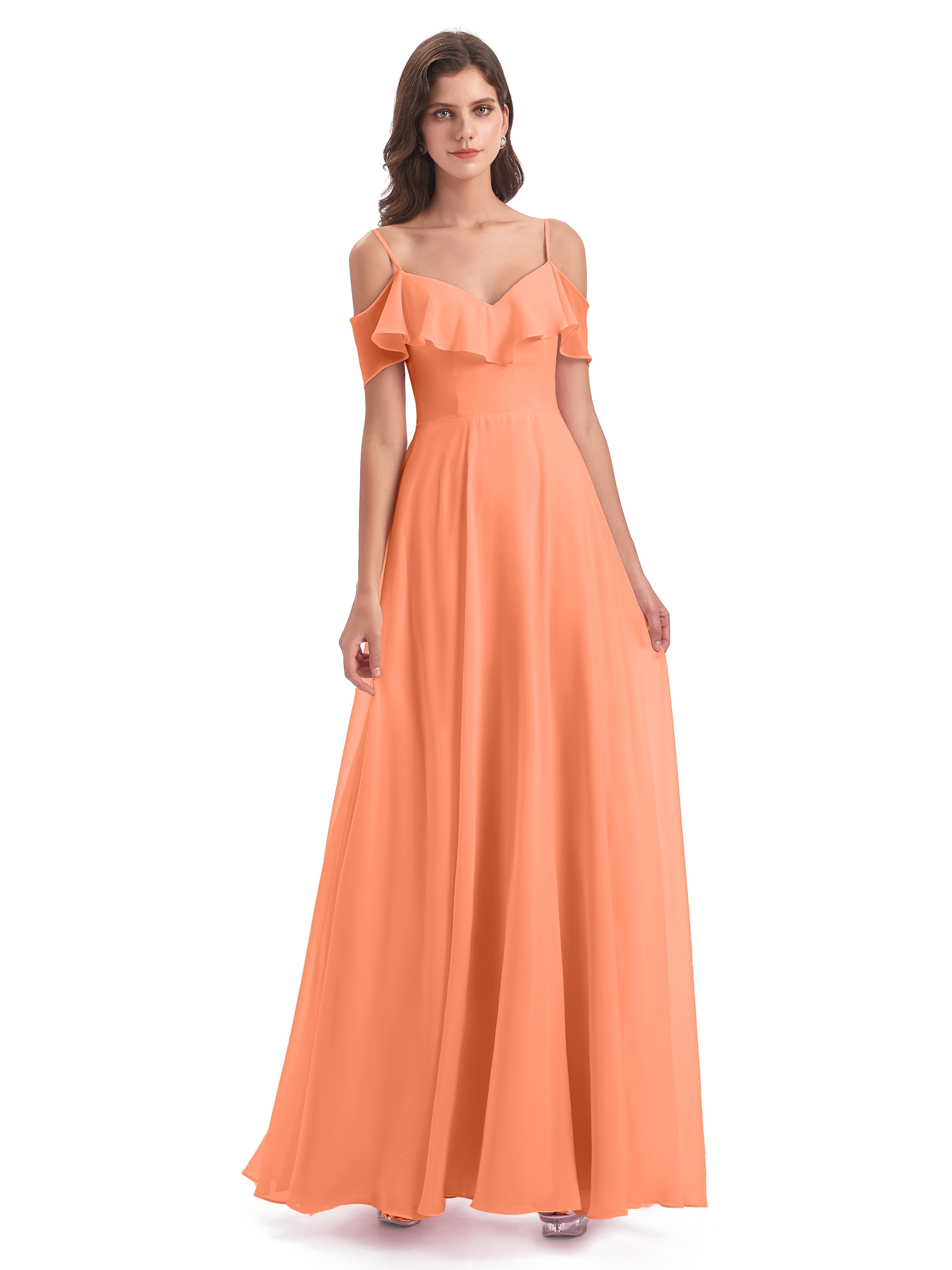 Robes De Demoiselle D'Honneur Papaye Trapèze Bretelles Spaghetti Longue Robes Demoiselle D'Honneur
