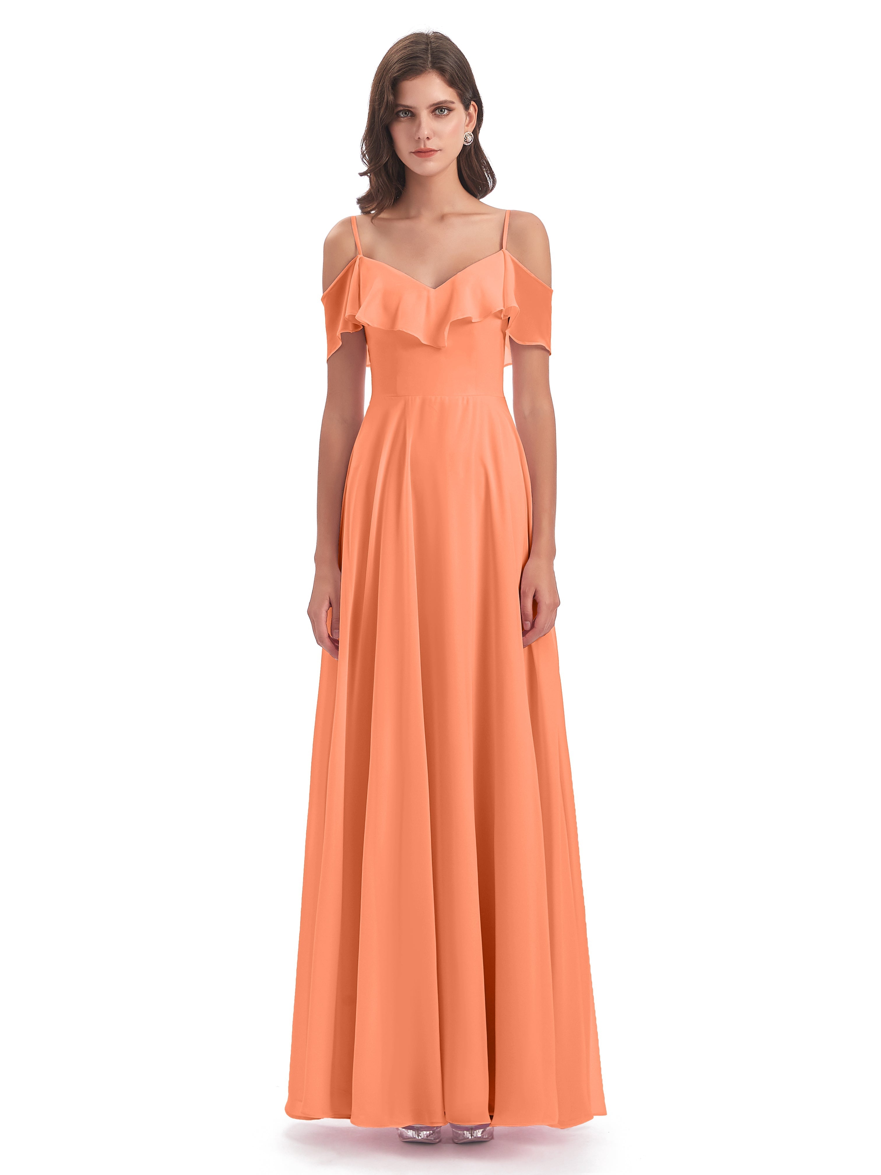 Robes De Demoiselle D'Honneur Papaye Trapèze Bretelles Spaghetti Longue Robes Demoiselle D'Honneur