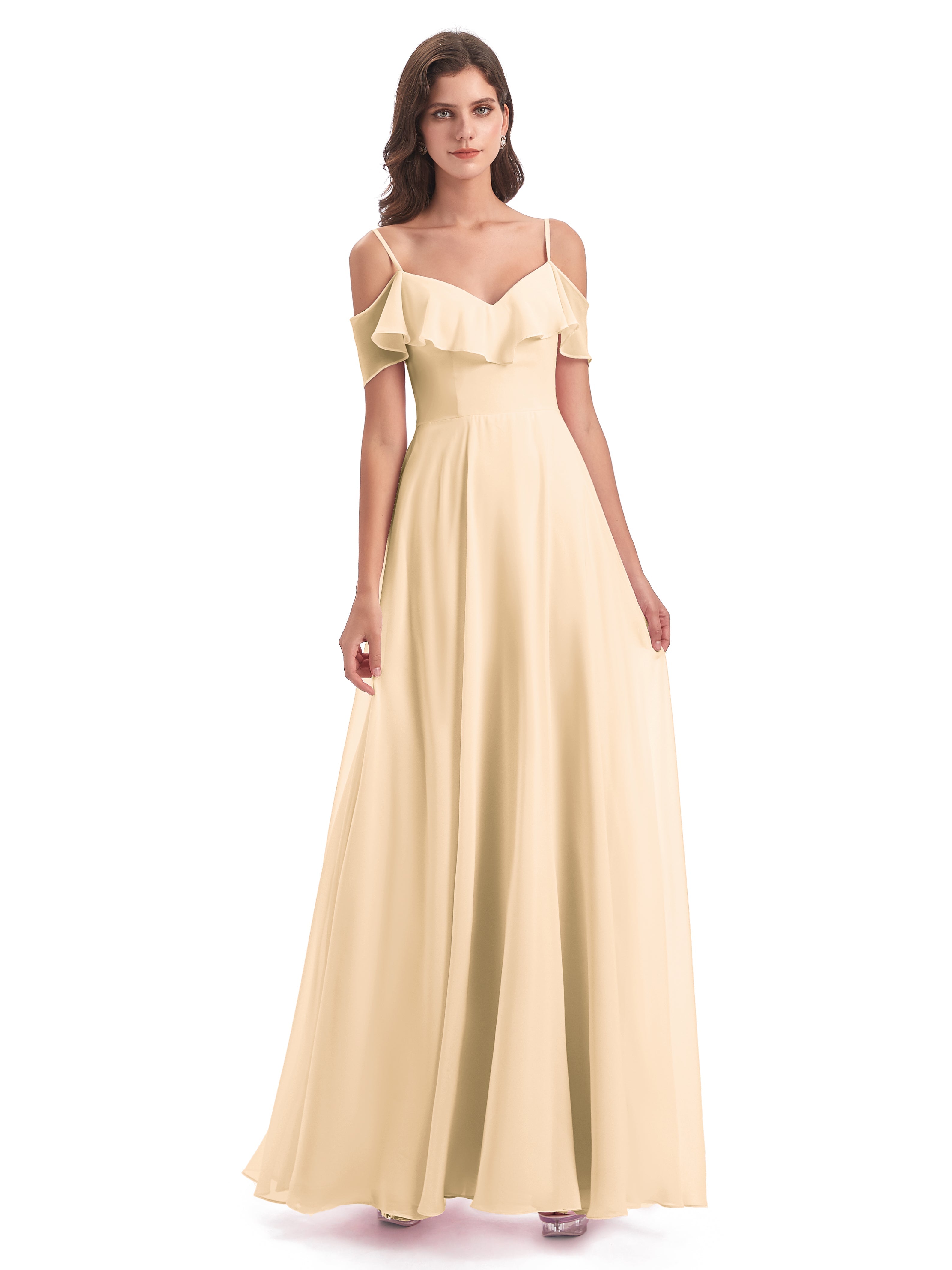 Robes De Demoiselle D'Honneur Pêche Trapèze Bretelles Spaghetti Longue Robes Demoiselle D'Honneur