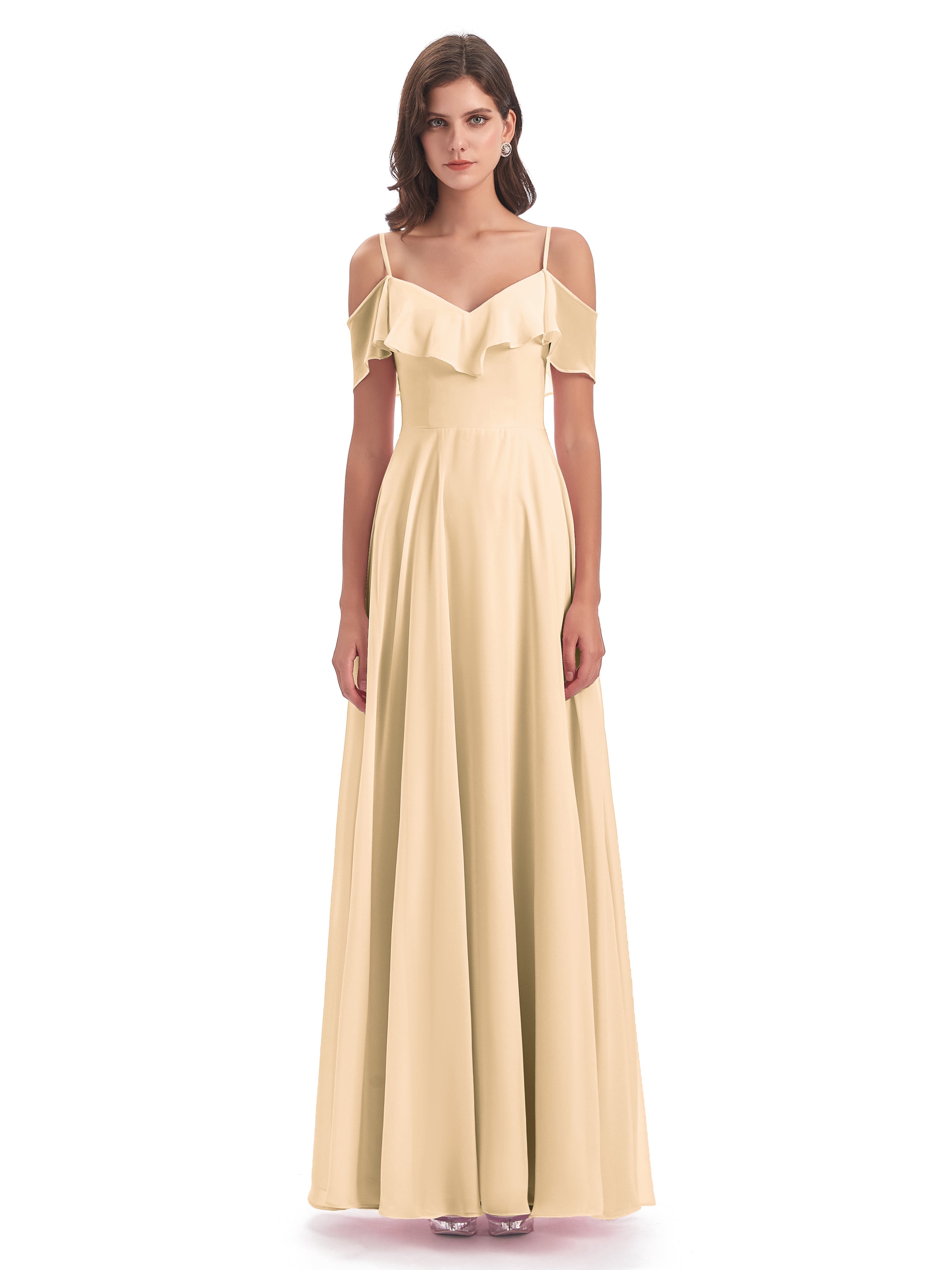 Robes De Demoiselle D'Honneur Pêche Trapèze Bretelles Spaghetti Longue Robes Demoiselle D'Honneur