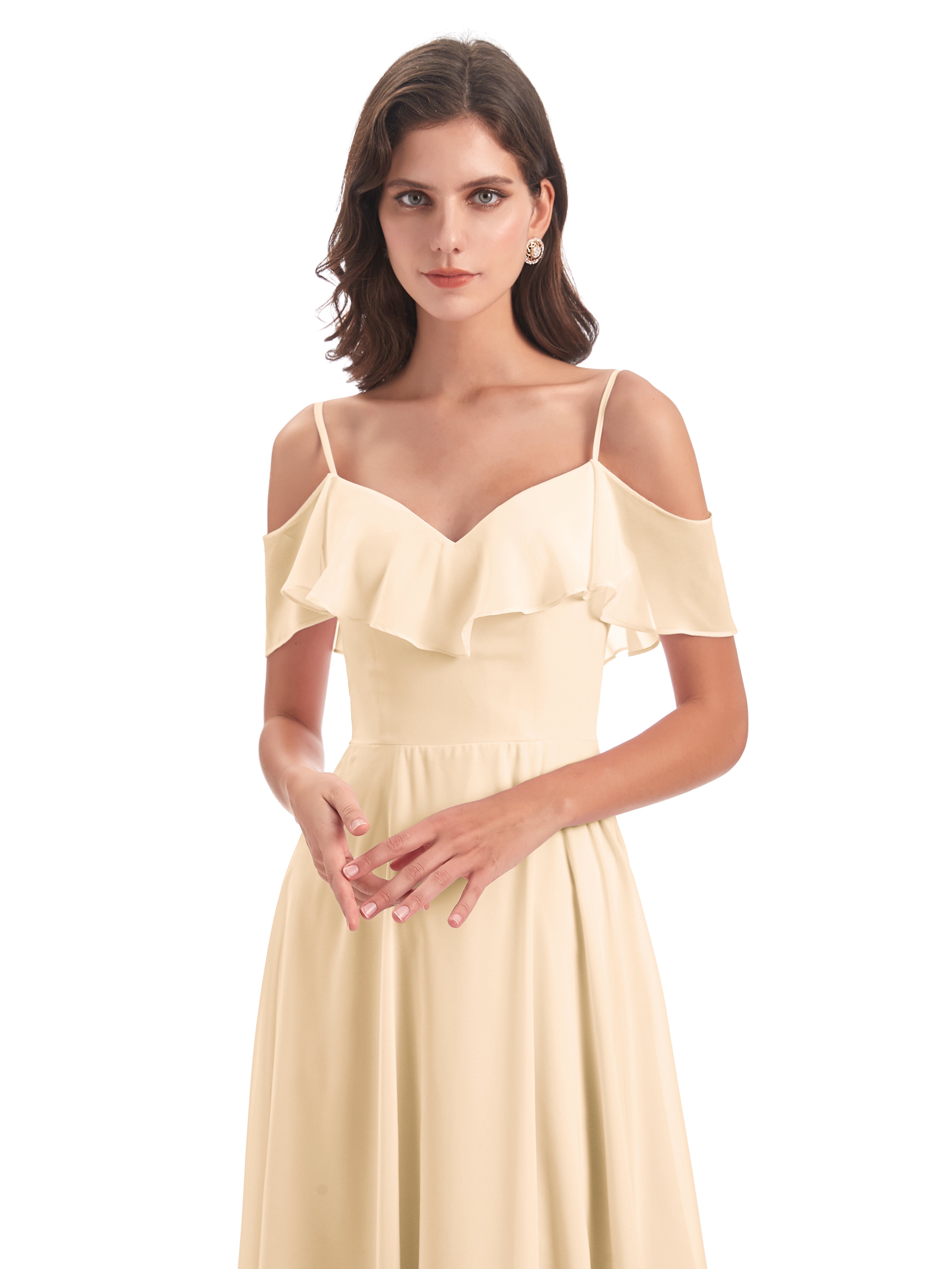 Robes De Demoiselle D'Honneur Pêche Trapèze Bretelles Spaghetti Longue Robes Demoiselle D'Honneur