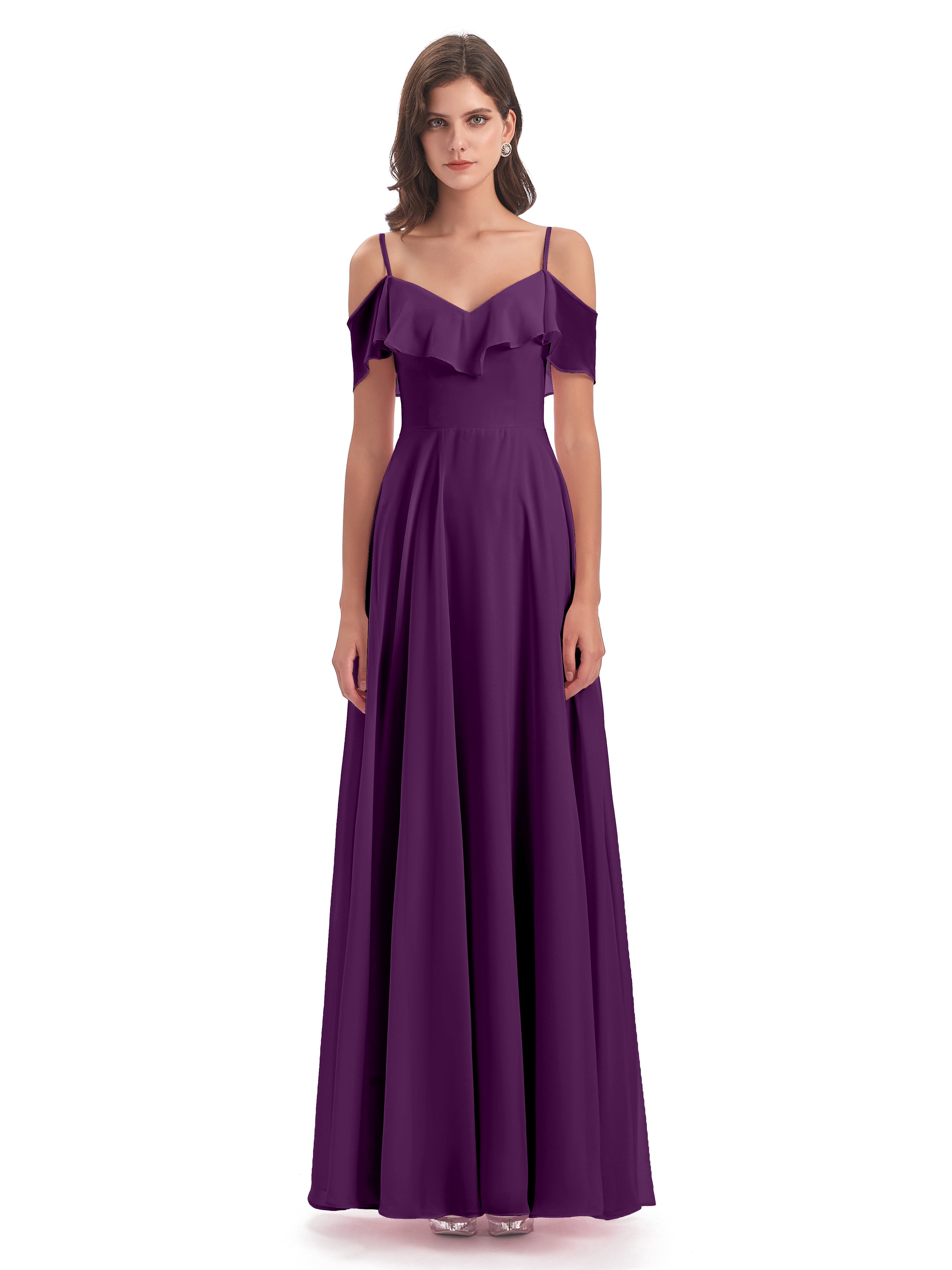 Robes De Demoiselle D'Honneur En Raisin Trapèze Bretelles Spaghetti Longue Robes Demoiselle D'Honneur