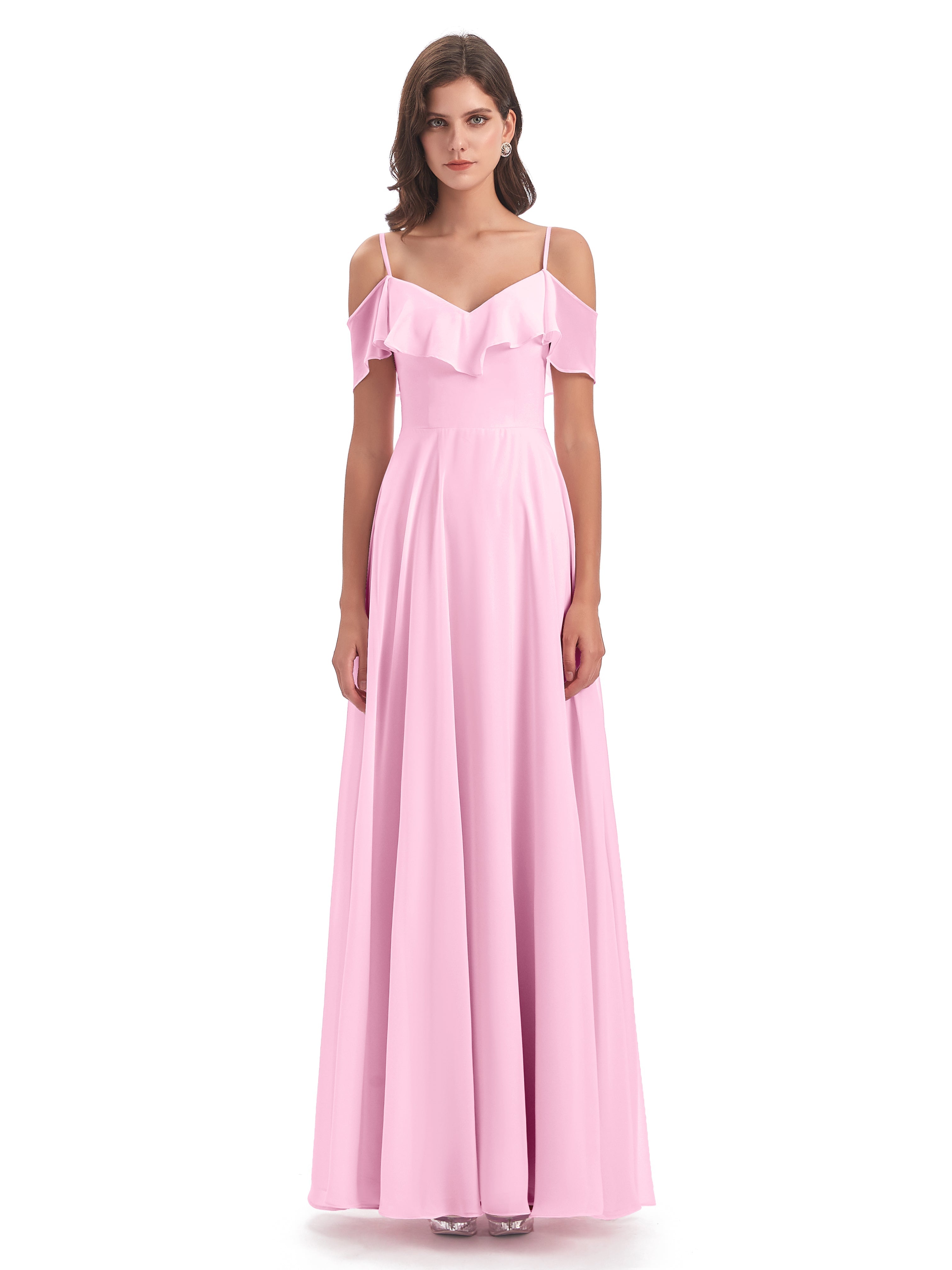 Robes De Demoiselle D'Honneur Rose Bonbon Trapèze Bretelles Spaghetti Longue Robes Demoiselle D'Honneur