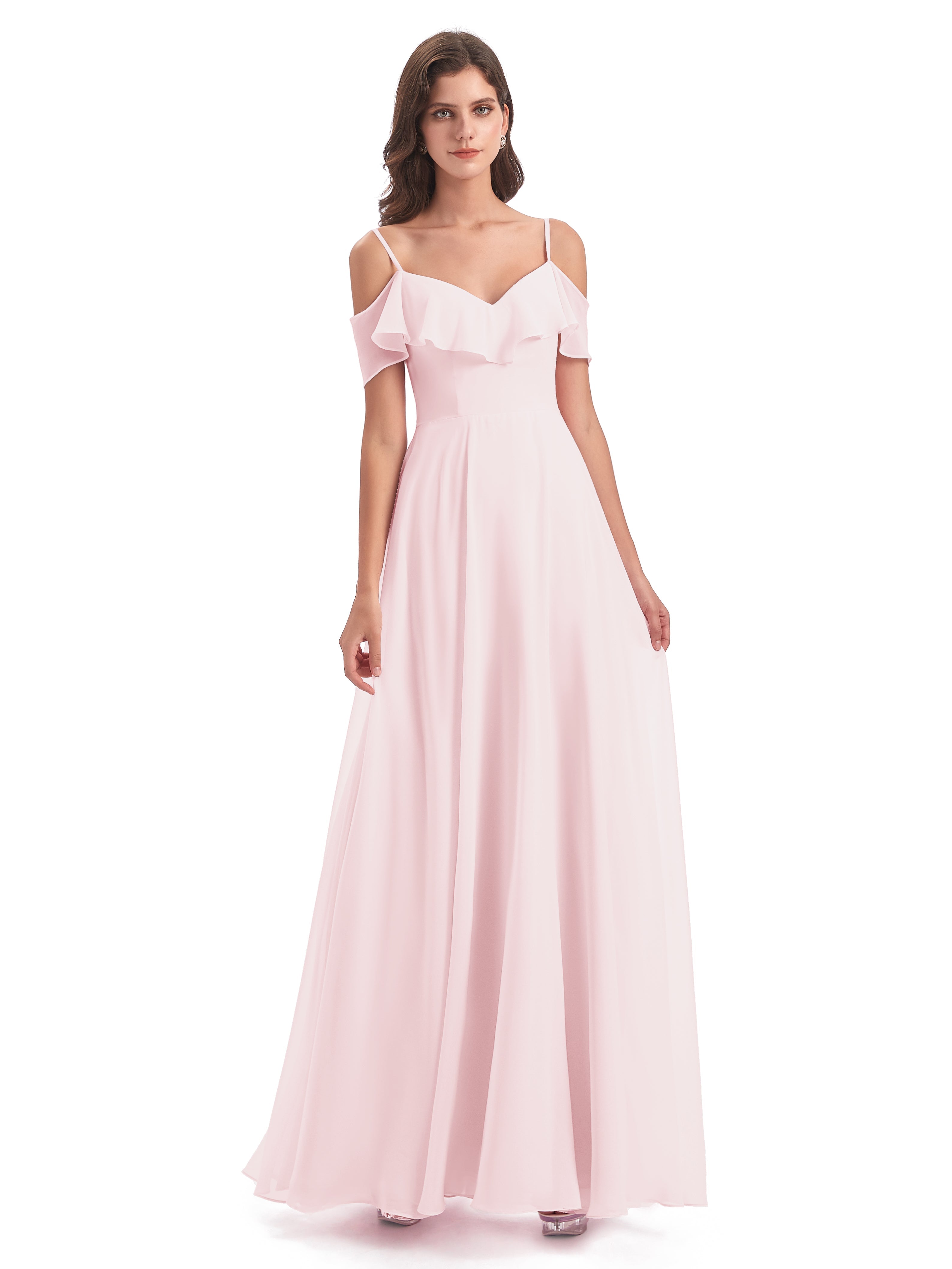 Robes De Demoiselle D'Honneur Rose Pale Trapèze Bretelles Spaghetti Longue Robes Demoiselle D'Honneur