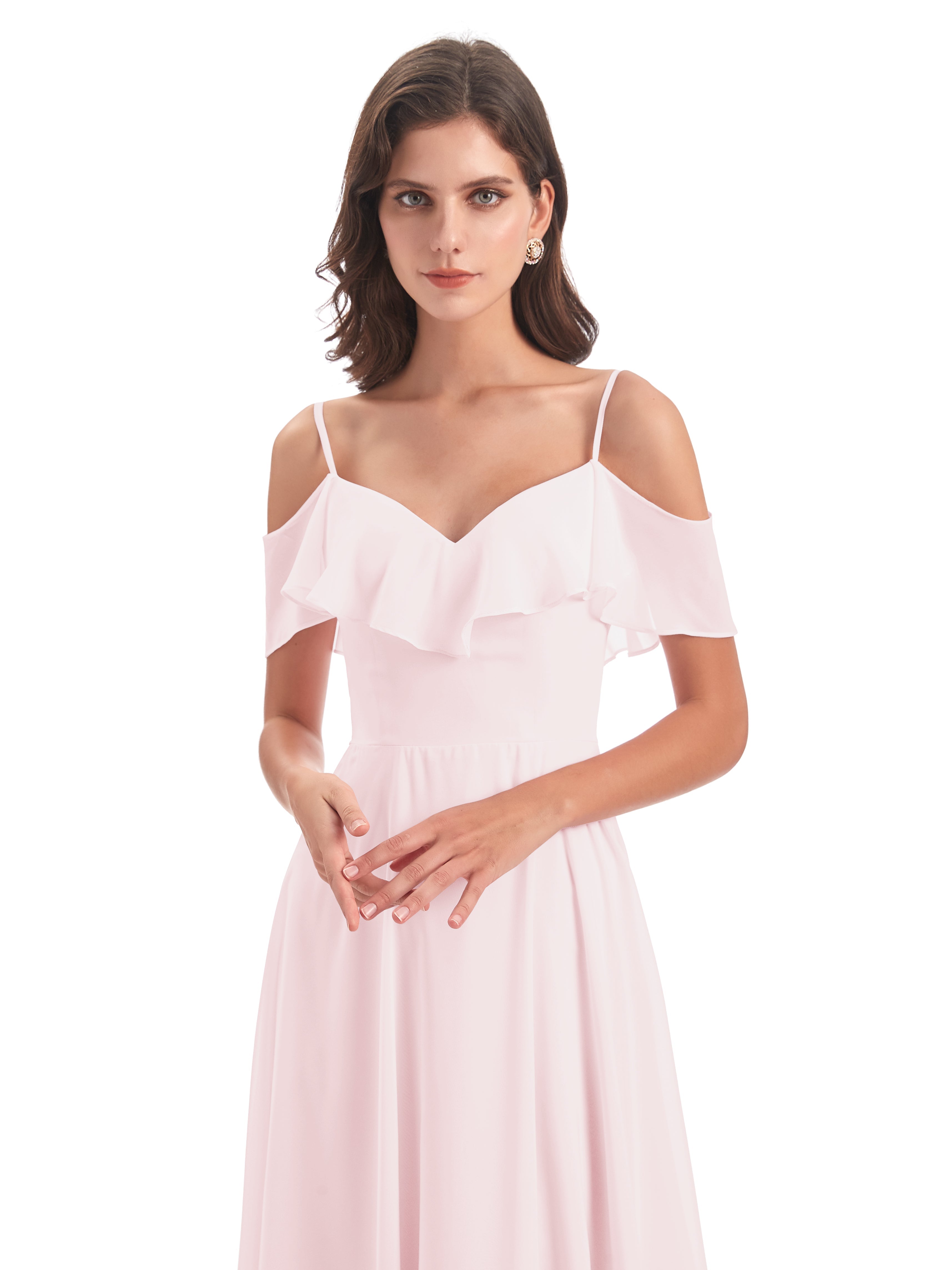 Robes De Demoiselle D'Honneur Rose Pale Trapèze Bretelles Spaghetti Longue Robes Demoiselle D'Honneur