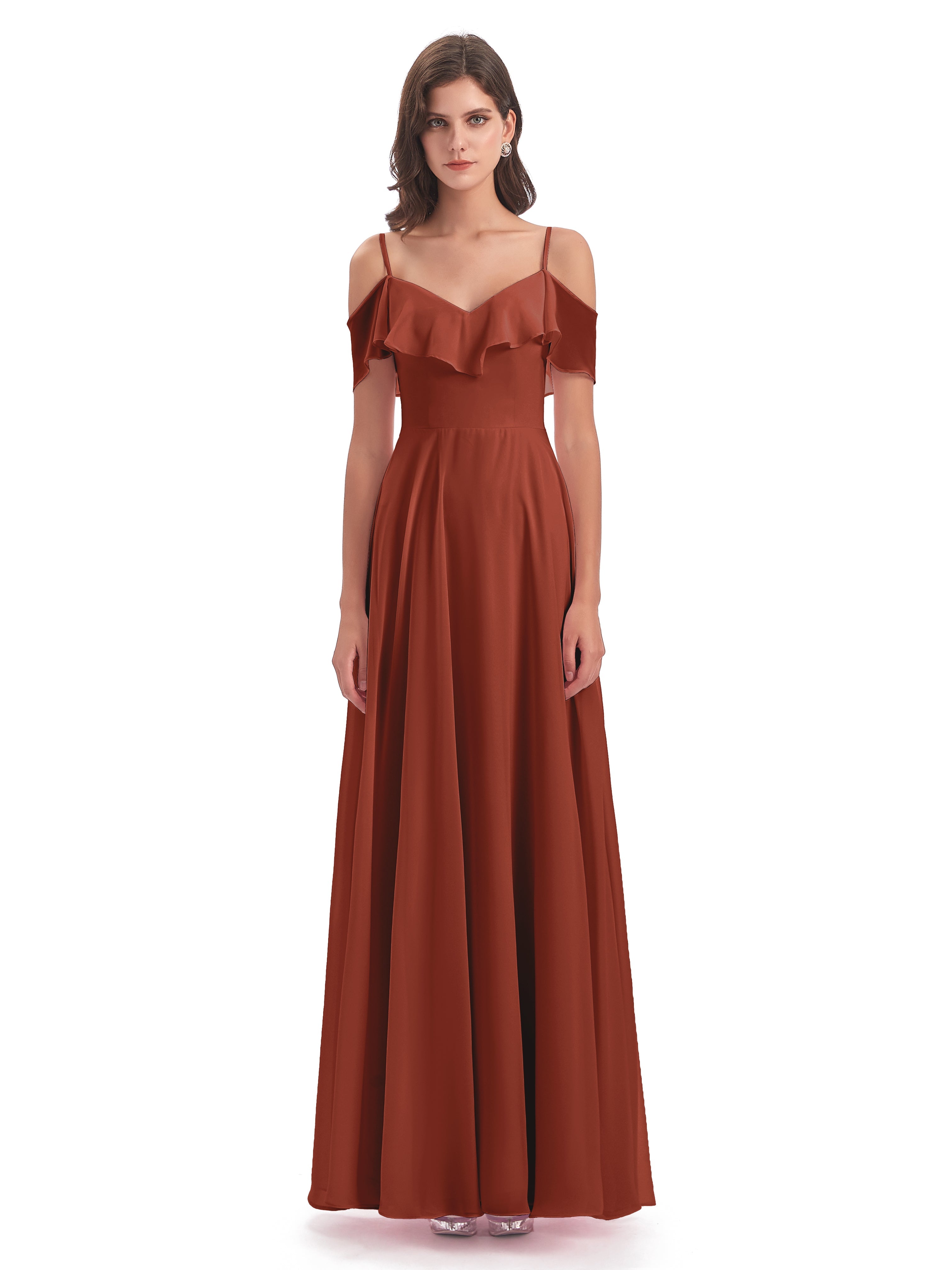 Robe De Demoiselle D'Honneur Rouille Trapèze Bretelles Spaghetti Longue Robes Demoiselle D'Honneur