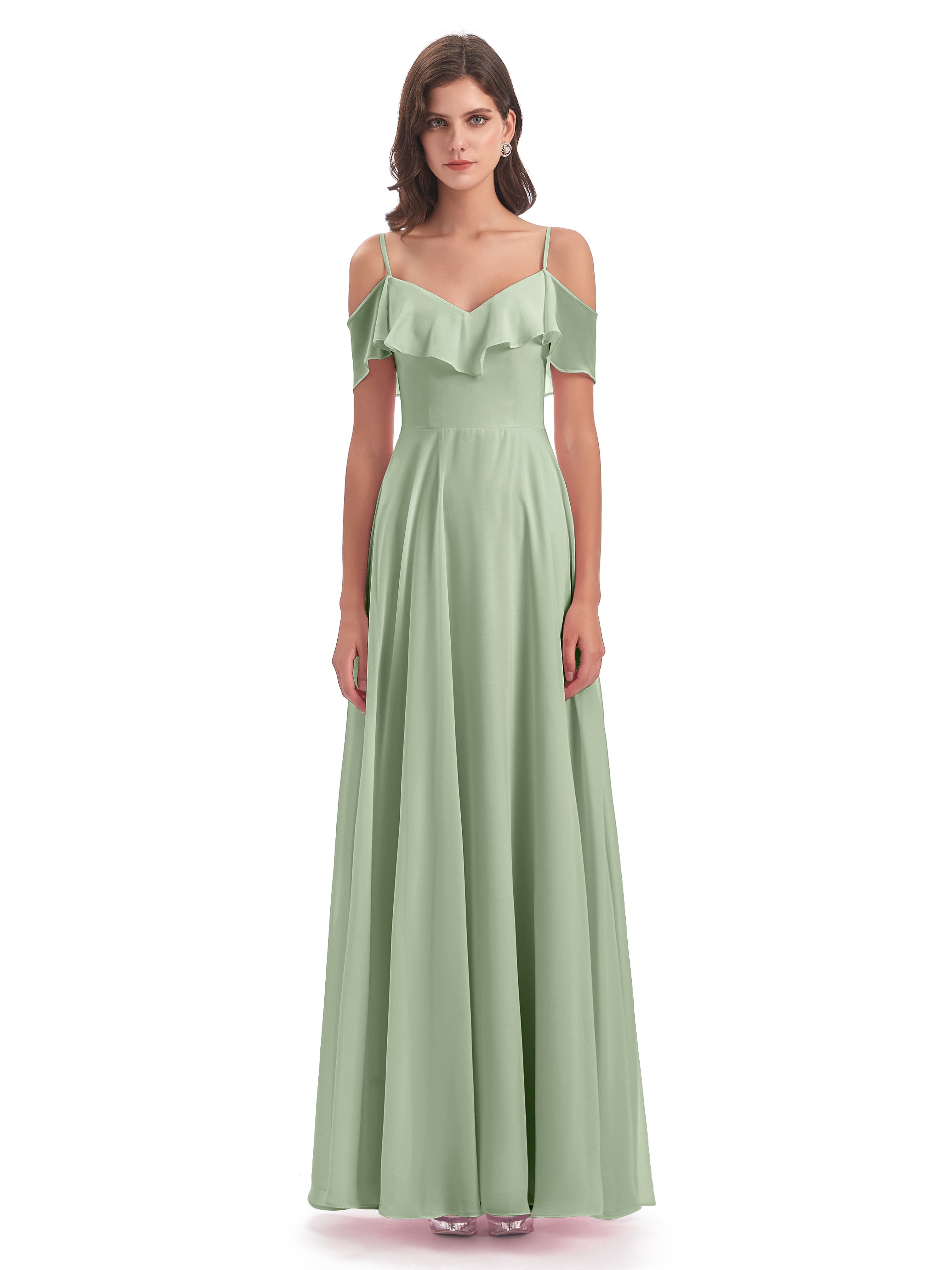 Robes De Demoiselle D'Honneur Vert Sauge Poussiéreux Trapèze Bretelles Spaghetti Longue Robes Demoiselle D'Honneur