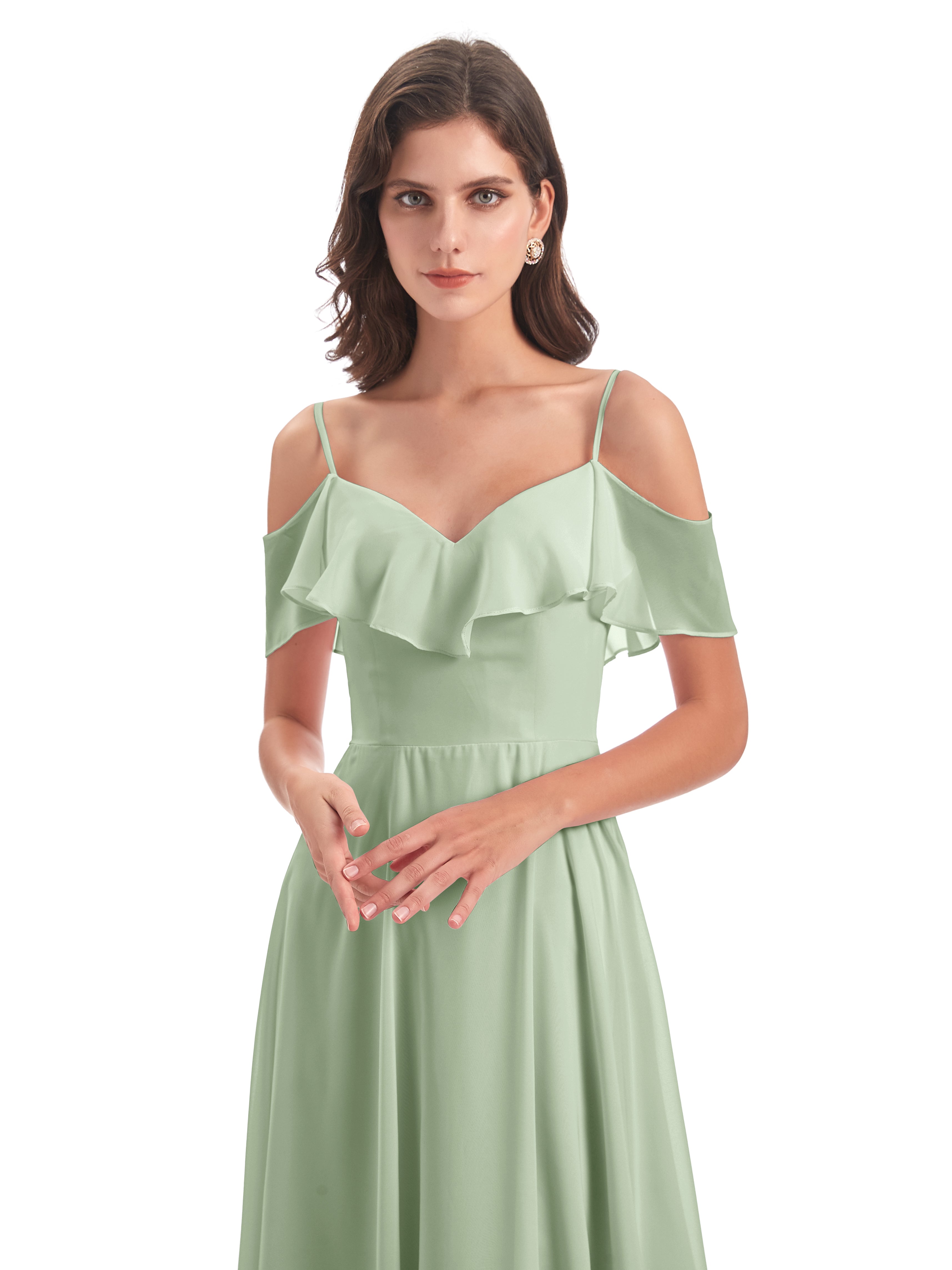 Robes De Demoiselle D'Honneur Vert Sauge Poussiéreux Trapèze Bretelles Spaghetti Longue Robes Demoiselle D'Honneur