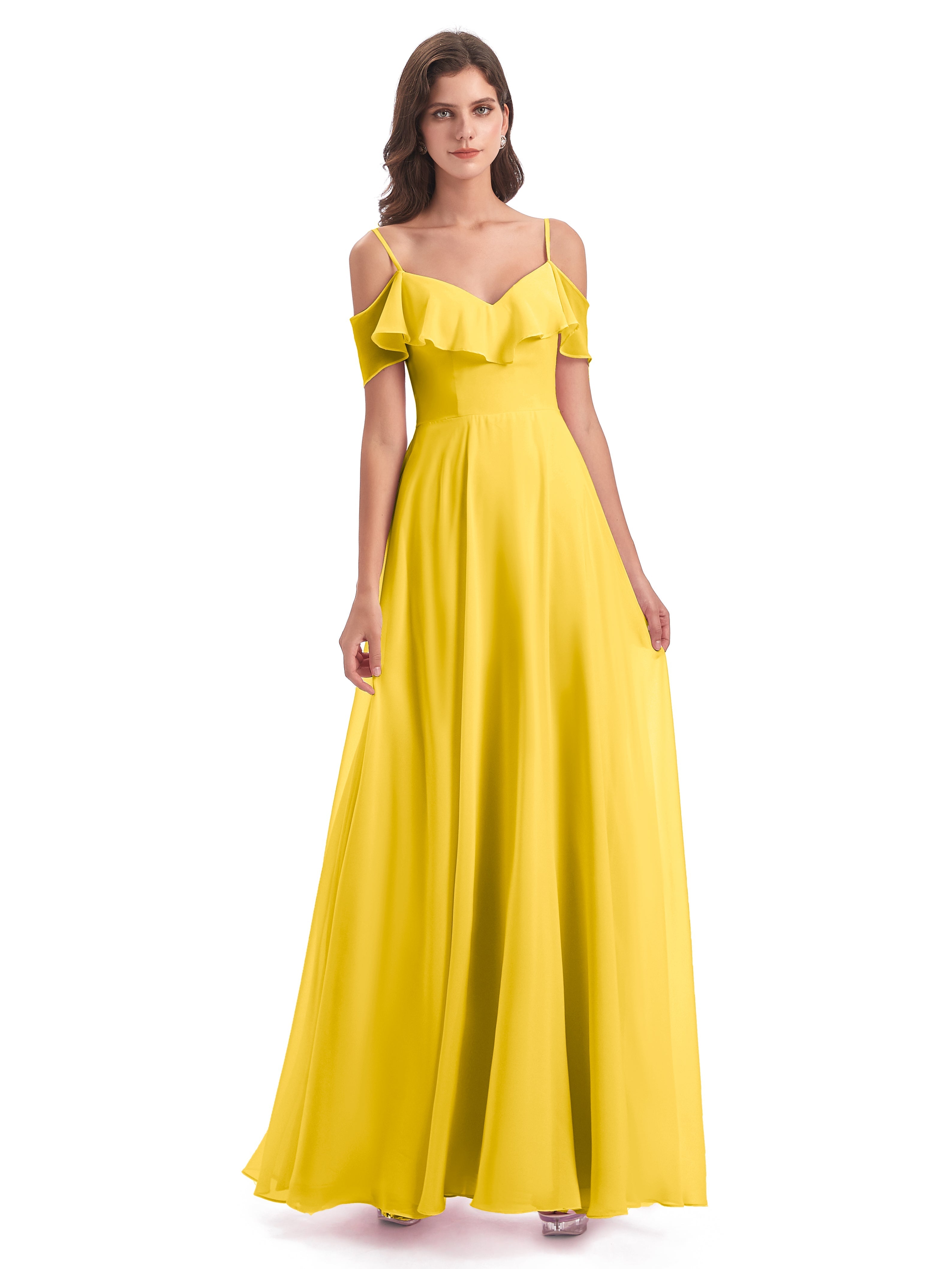 Robe De Demoiselle D'Honneur Souci Trapèze Bretelles Spaghetti Longue Robes Demoiselle D'Honneur