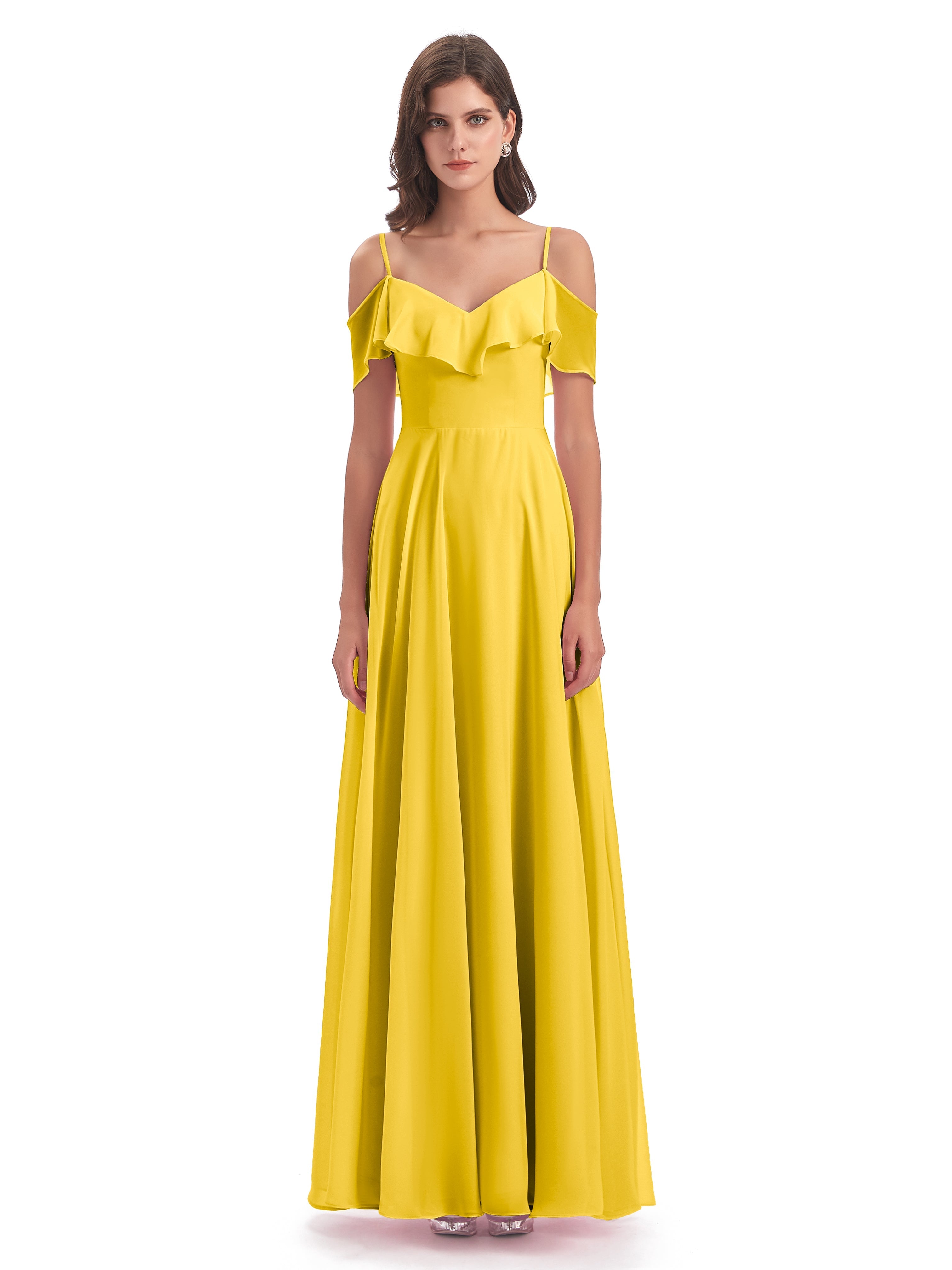 Robe De Demoiselle D'Honneur Souci Trapèze Bretelles Spaghetti Longue Robes Demoiselle D'Honneur