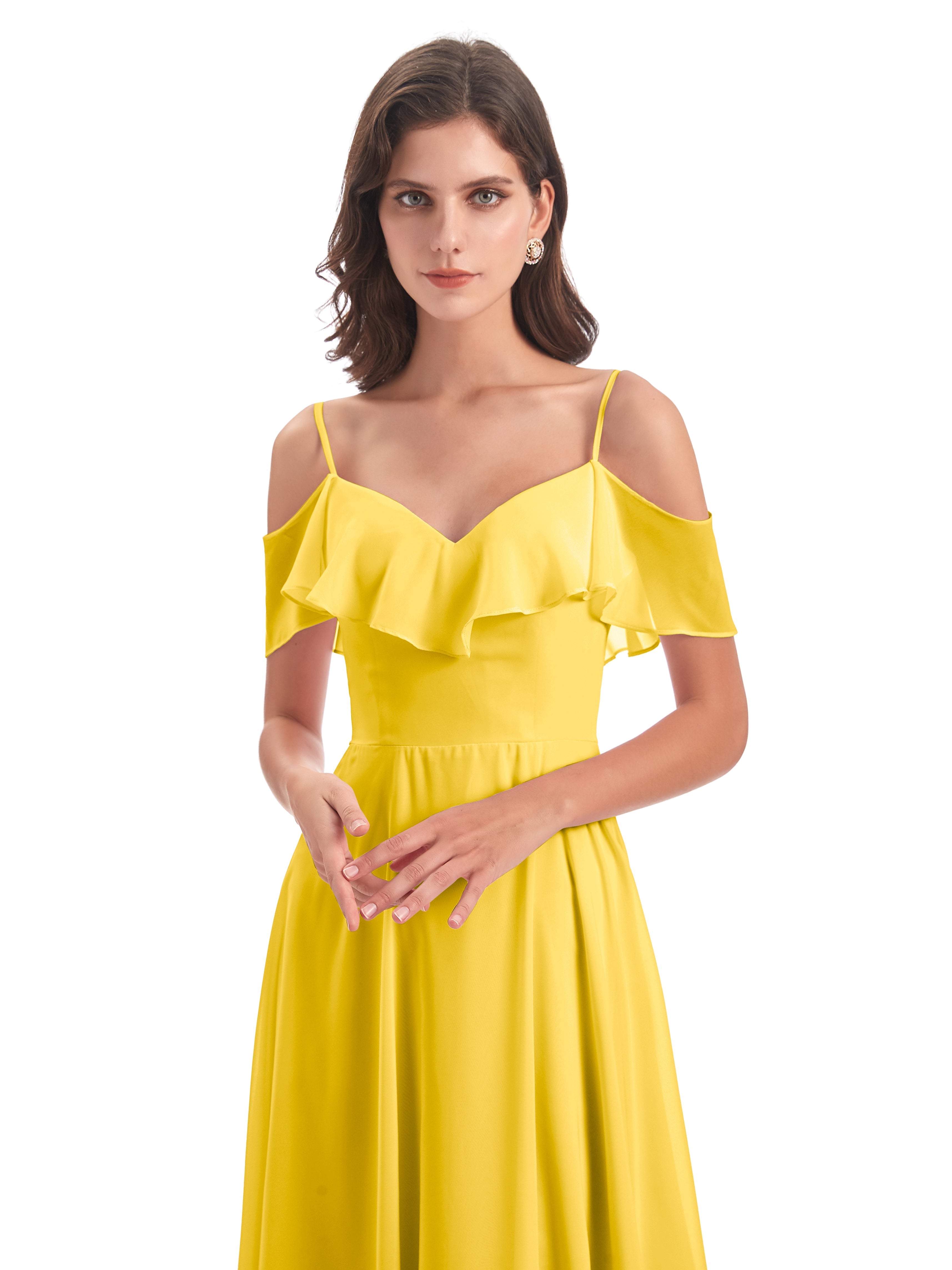 Robe De Demoiselle D'Honneur Souci Trapèze Bretelles Spaghetti Longue Robes Demoiselle D'Honneur
