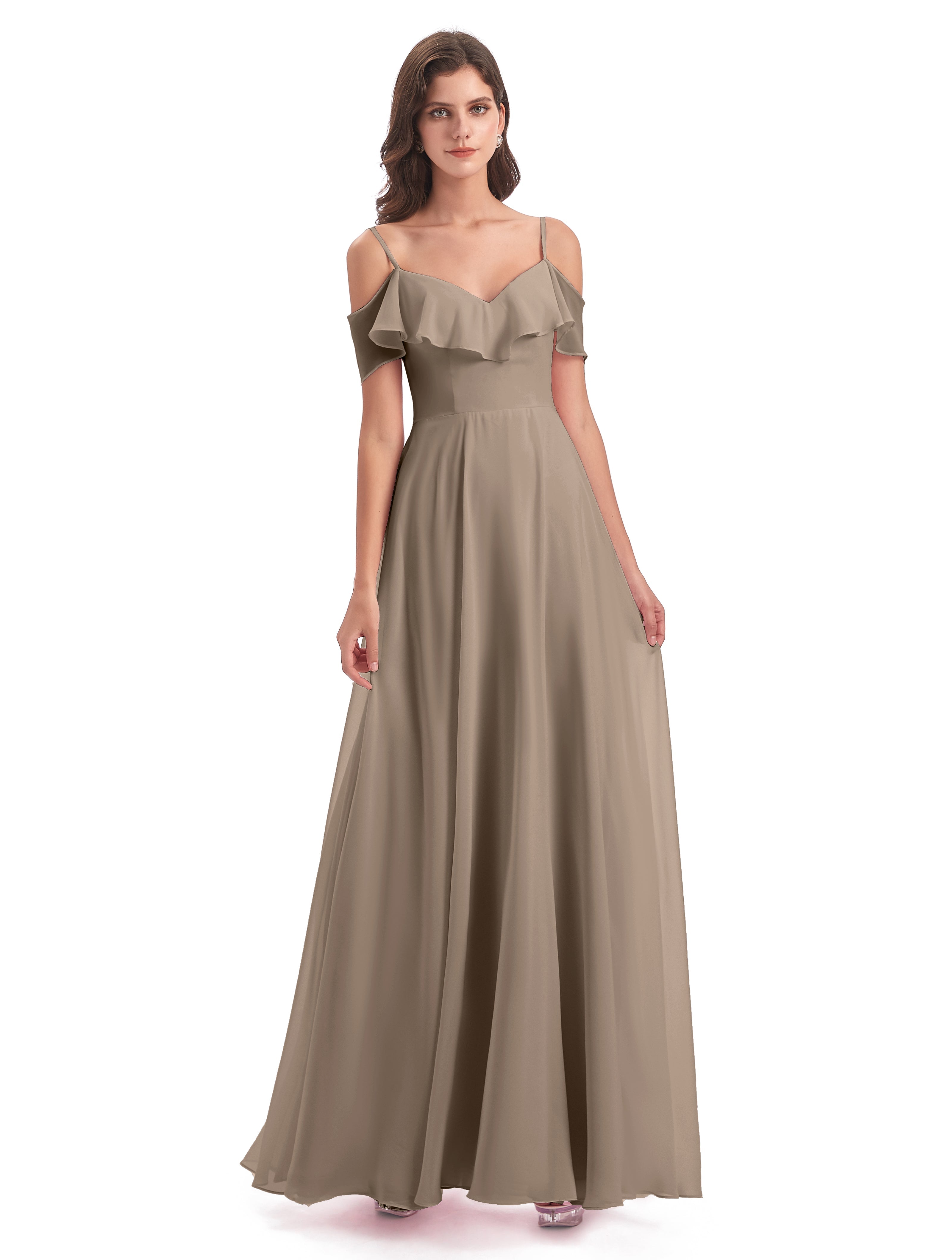 Robe Ceremonie Taupe Trapèze Bretelles Spaghetti Longue Robes Demoiselle D'Honneur