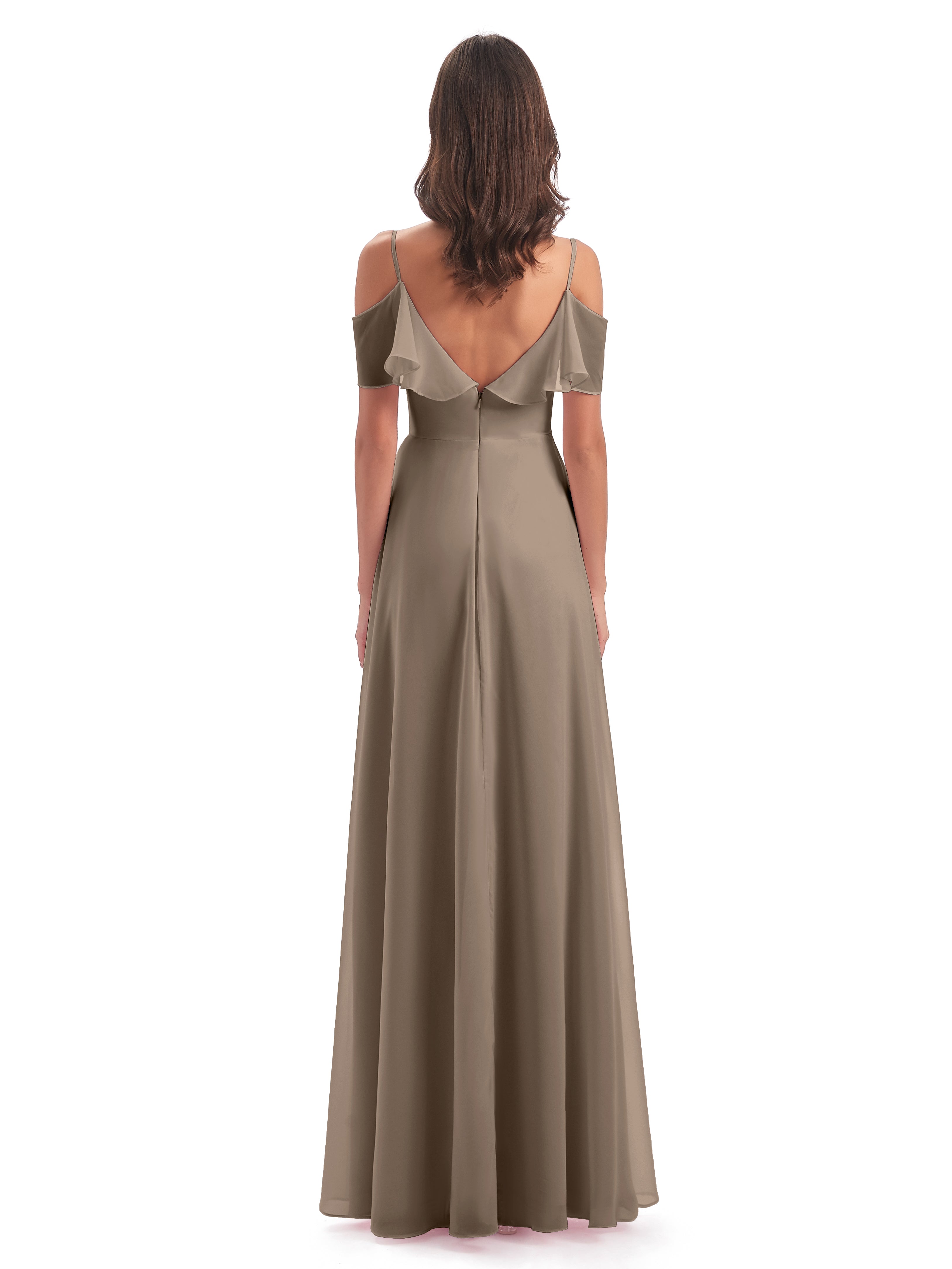 Robe Ceremonie Taupe Trapèze Bretelles Spaghetti Longue Robes Demoiselle D'Honneur