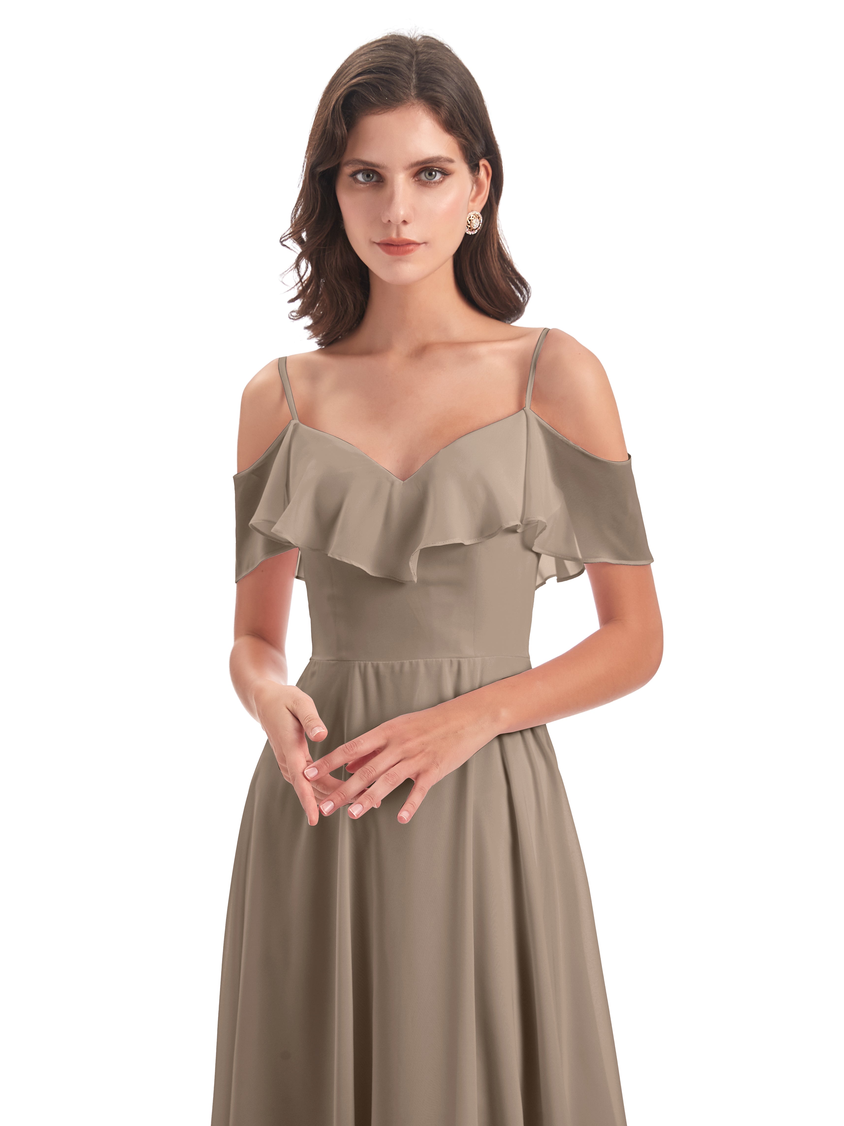 Robe Ceremonie Taupe Trapèze Bretelles Spaghetti Longue Robes Demoiselle D'Honneur