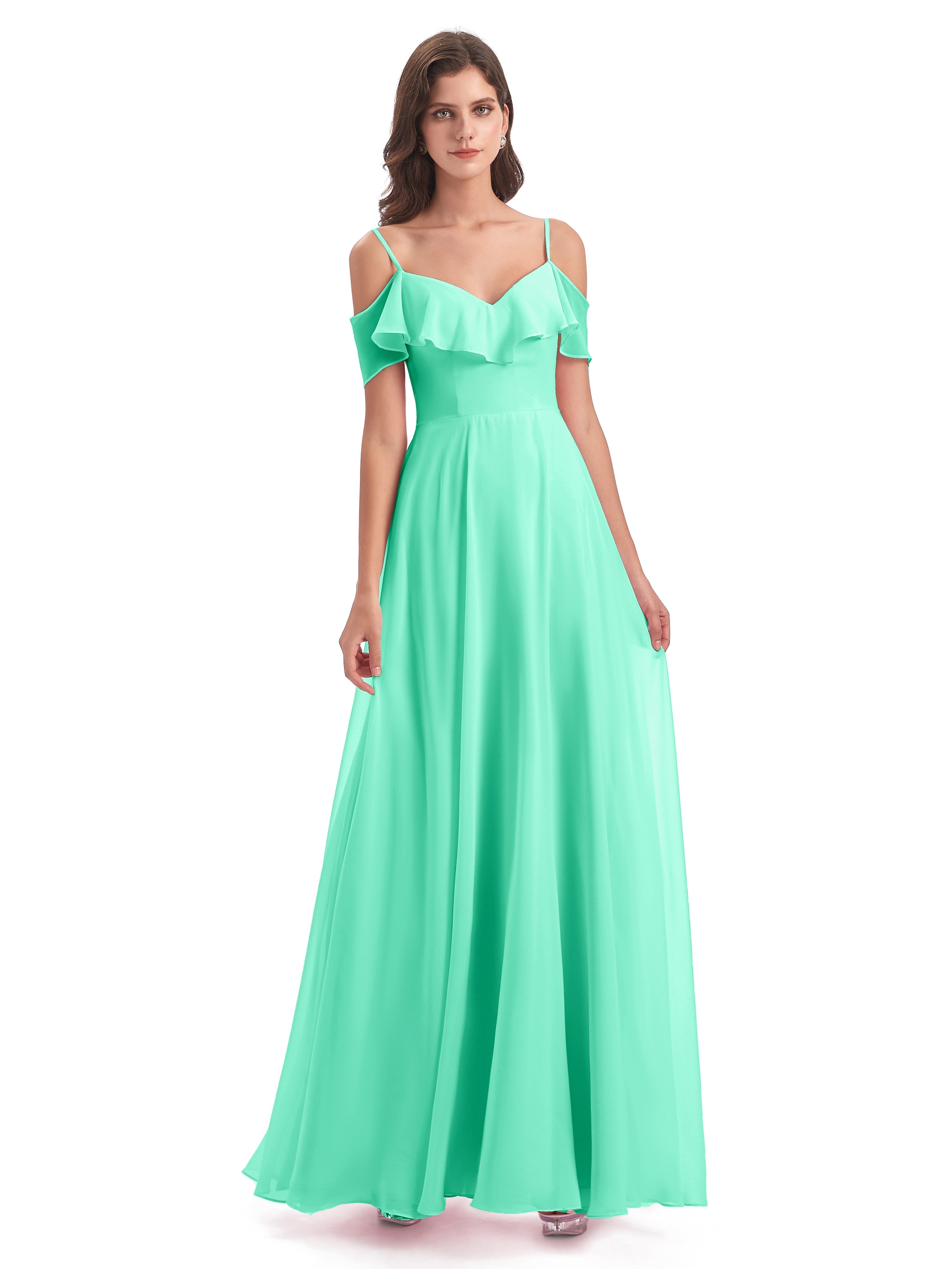 Robes De Demoiselle D'Honneur Bleu Turquoise Trapèze Bretelles Spaghetti Longue Robes Demoiselle D'Honneur