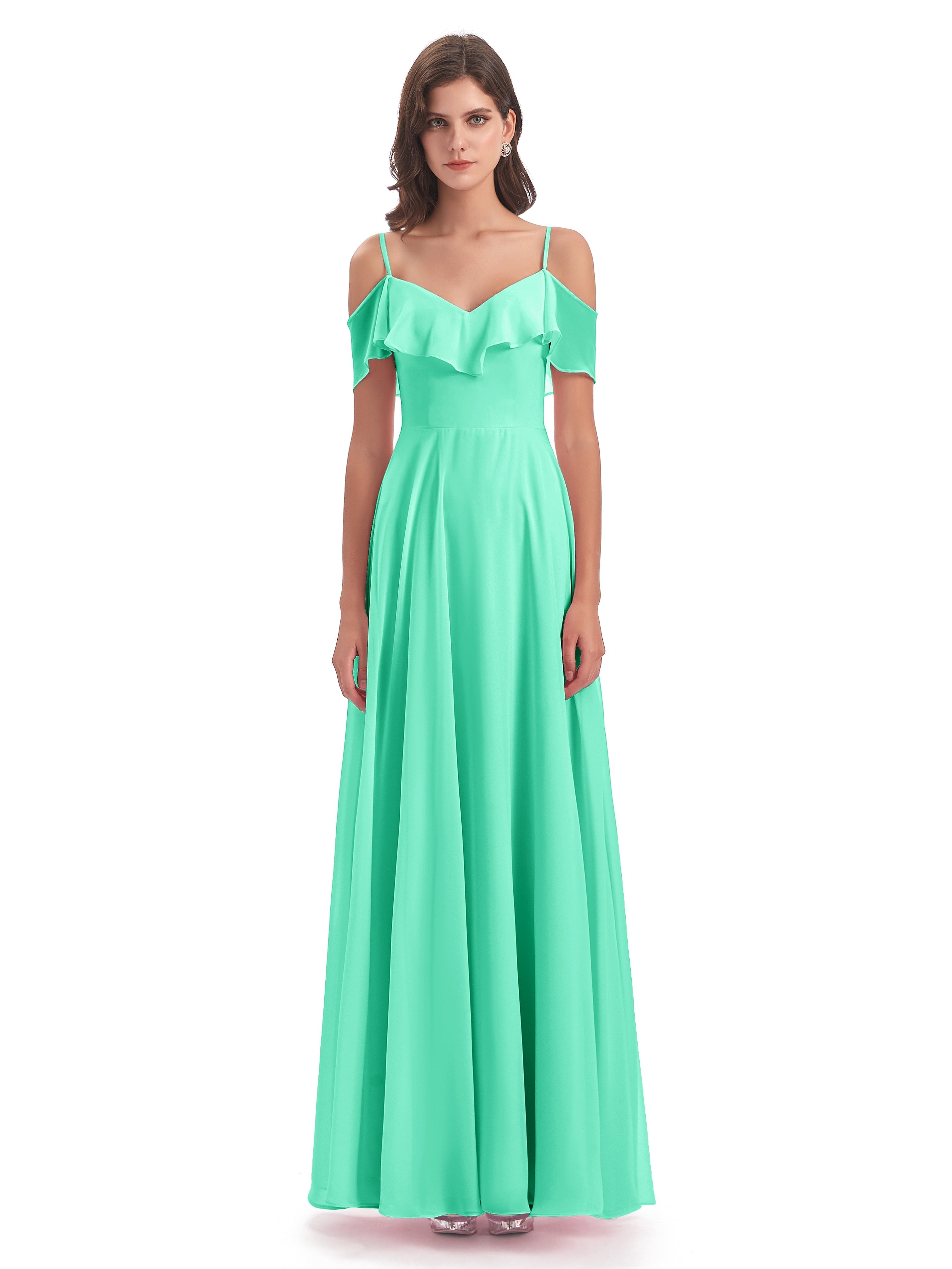 Robes De Demoiselle D'Honneur Bleu Turquoise Trapèze Bretelles Spaghetti Longue Robes Demoiselle D'Honneur